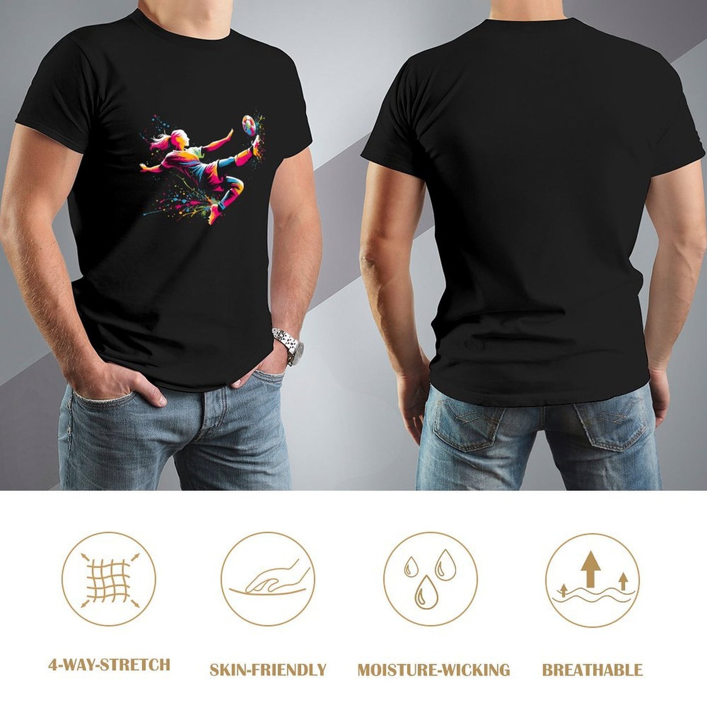 Inkmay Casual Cotton T-shirt Vibrant Soccer Player Kicking Ball Artwork Unisex T-shirt