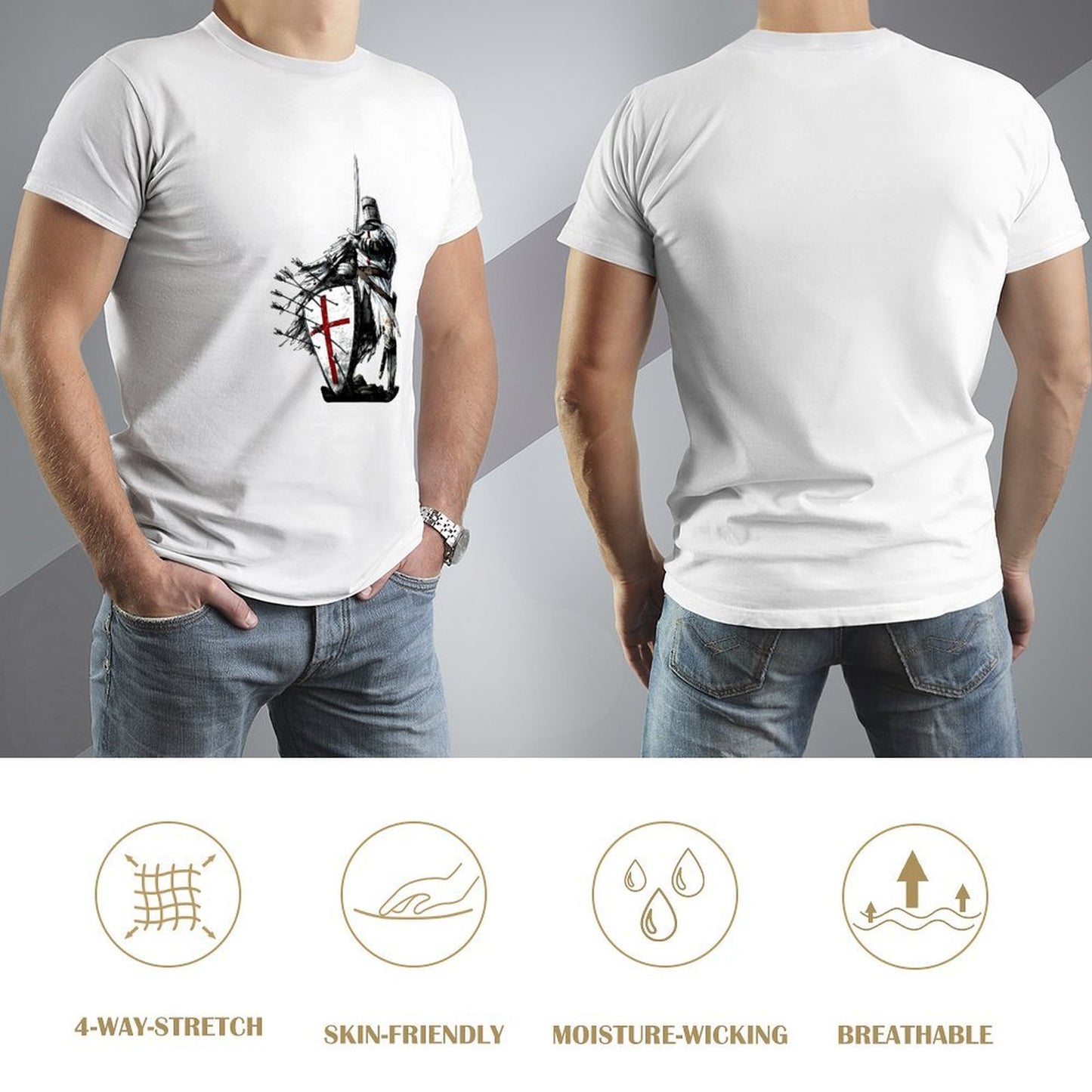 Inkmay Casual Cotton T-shirt Knight In Armor Holding Shield Sword Unisex T-shirtOn-Demand Batch-Printed T-Shirt