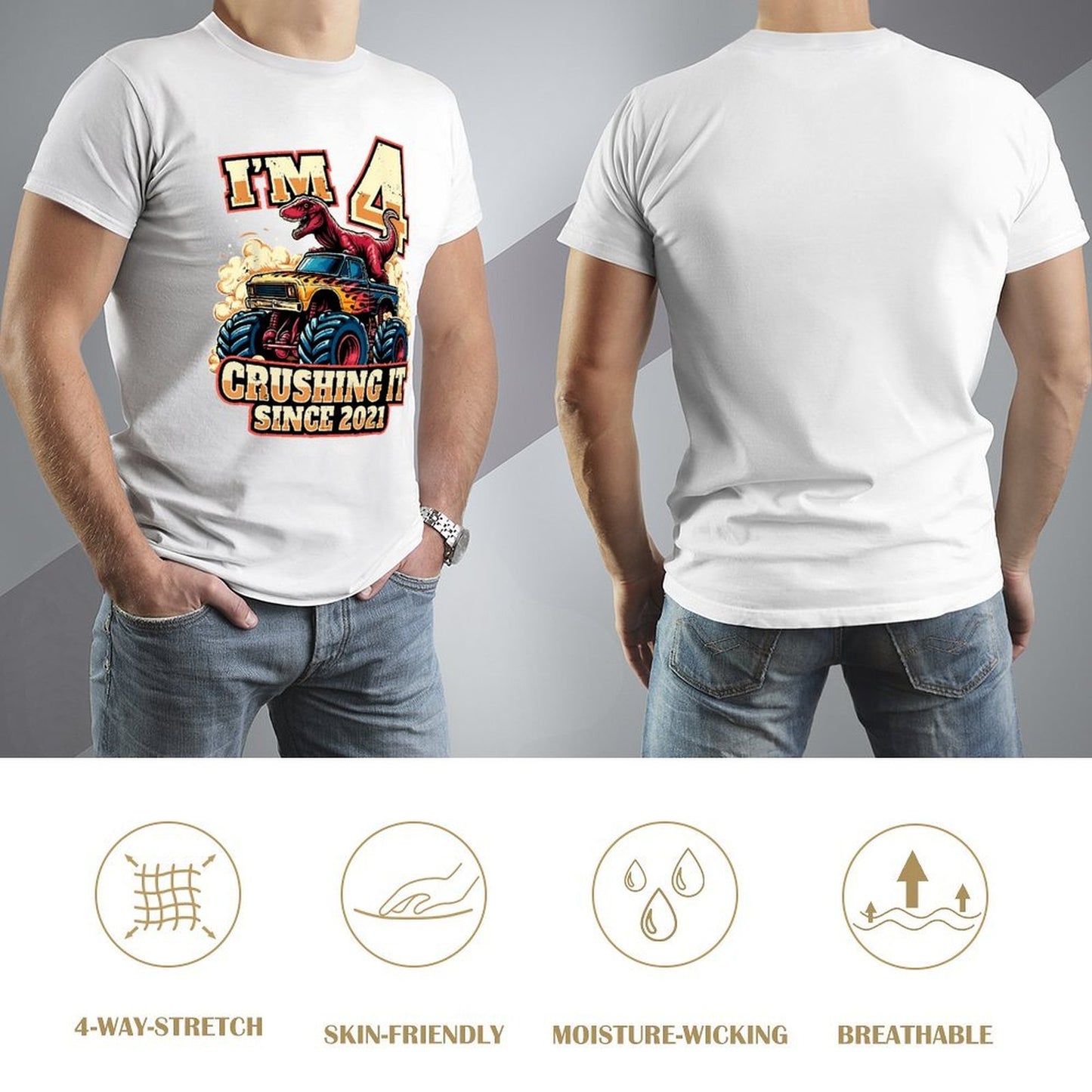Inkmay Casual Cotton T-shirt Dinosaur Riding Monster Truck Crushing It Unisex T-shirtClassic SoftWear T-Shirt