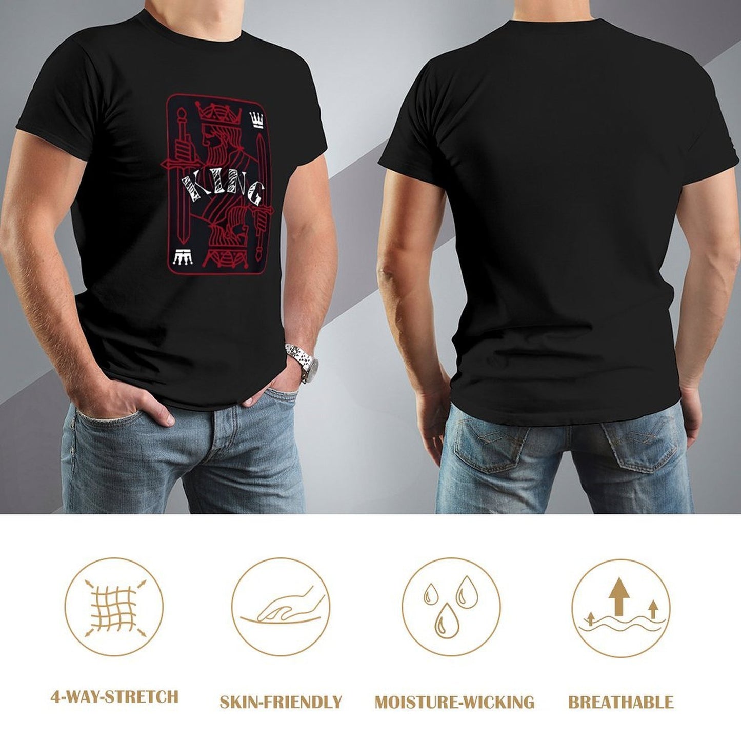 Inkmay Casual Cotton T-shirt King Card Design With Swords Unisex T-shirtSimple YearRound T-Shirt