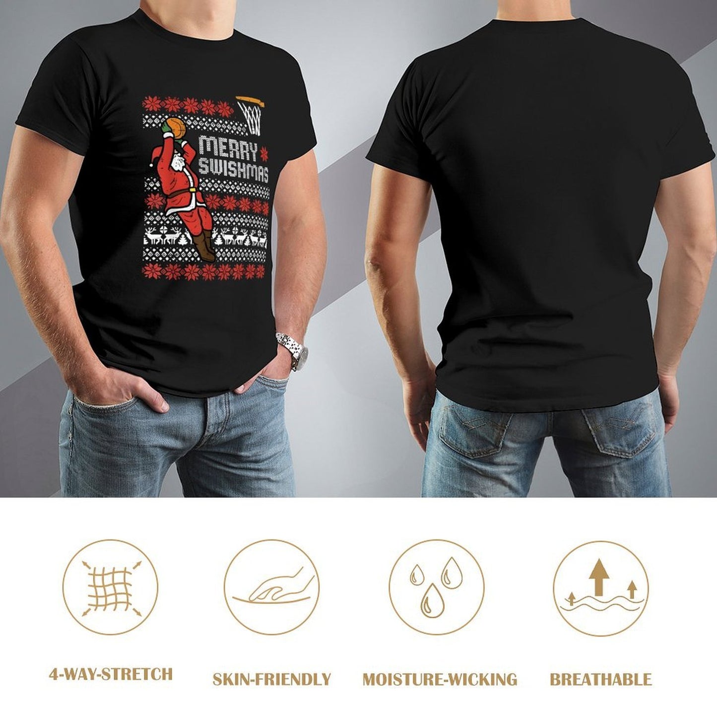 Inkmay Casual Cotton T-shirt Merry Swishmas Santa Plays Basketball Pattern Unisex T-shirtClassic EverydaySeries T-Shirt