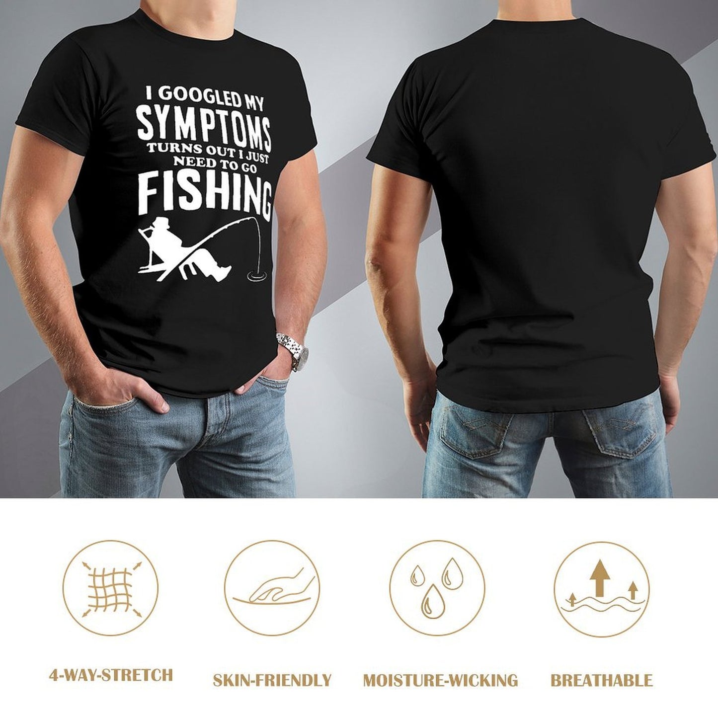 Inkmay Casual Cotton T-shirt Fishing Theme Print On Black Background Unisex T-shirtTear-Resistant Wrinkle-Free T-Shirt