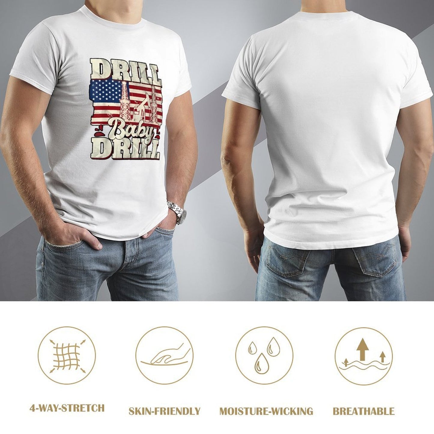 Inkmay Casual Cotton T-shirt Drill Baby Drill Usa Flag Pattern Unisex T-shirtStreetLine Fresh T-Shirt