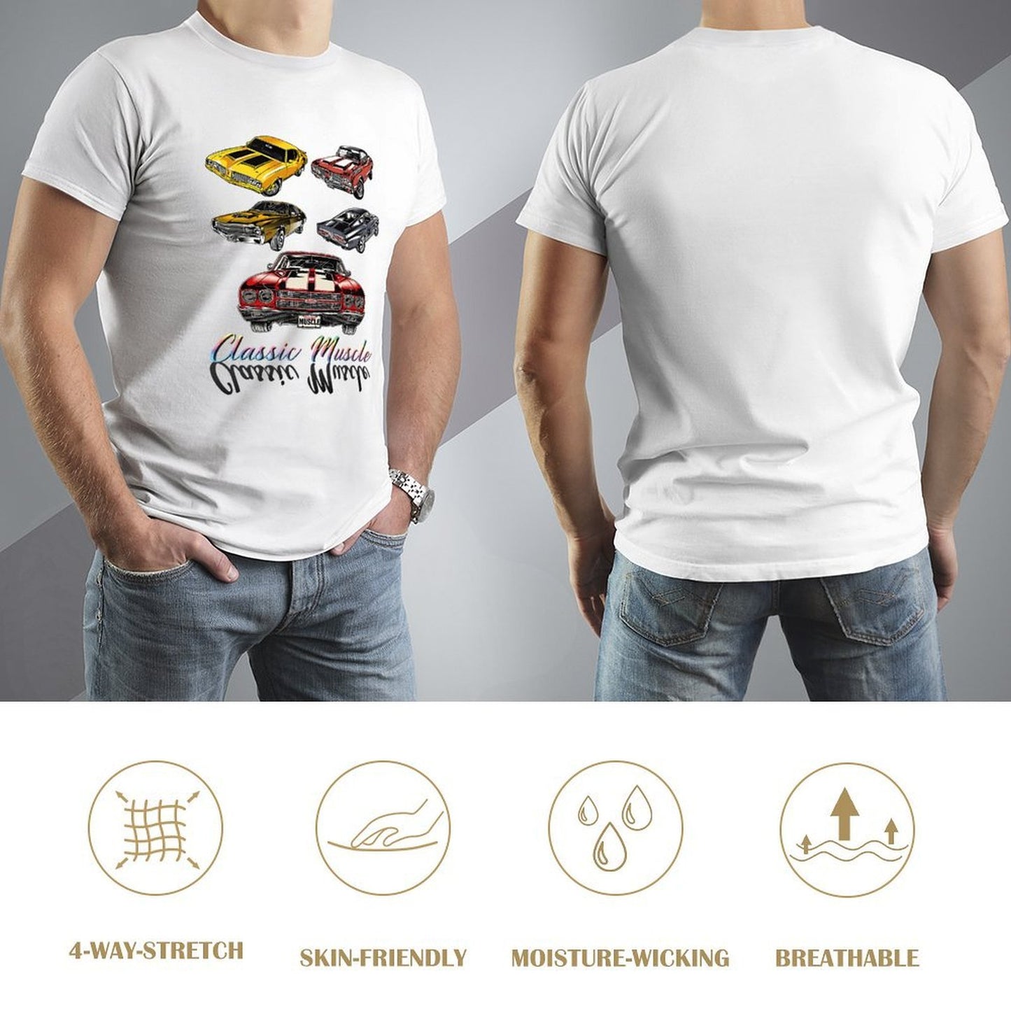 Inkmay Casual Cotton T-shirt Classic Muscle Cars Pattern Prints Design Unisex T-shirtActiveWear Wrinkle-Free T-Shirt