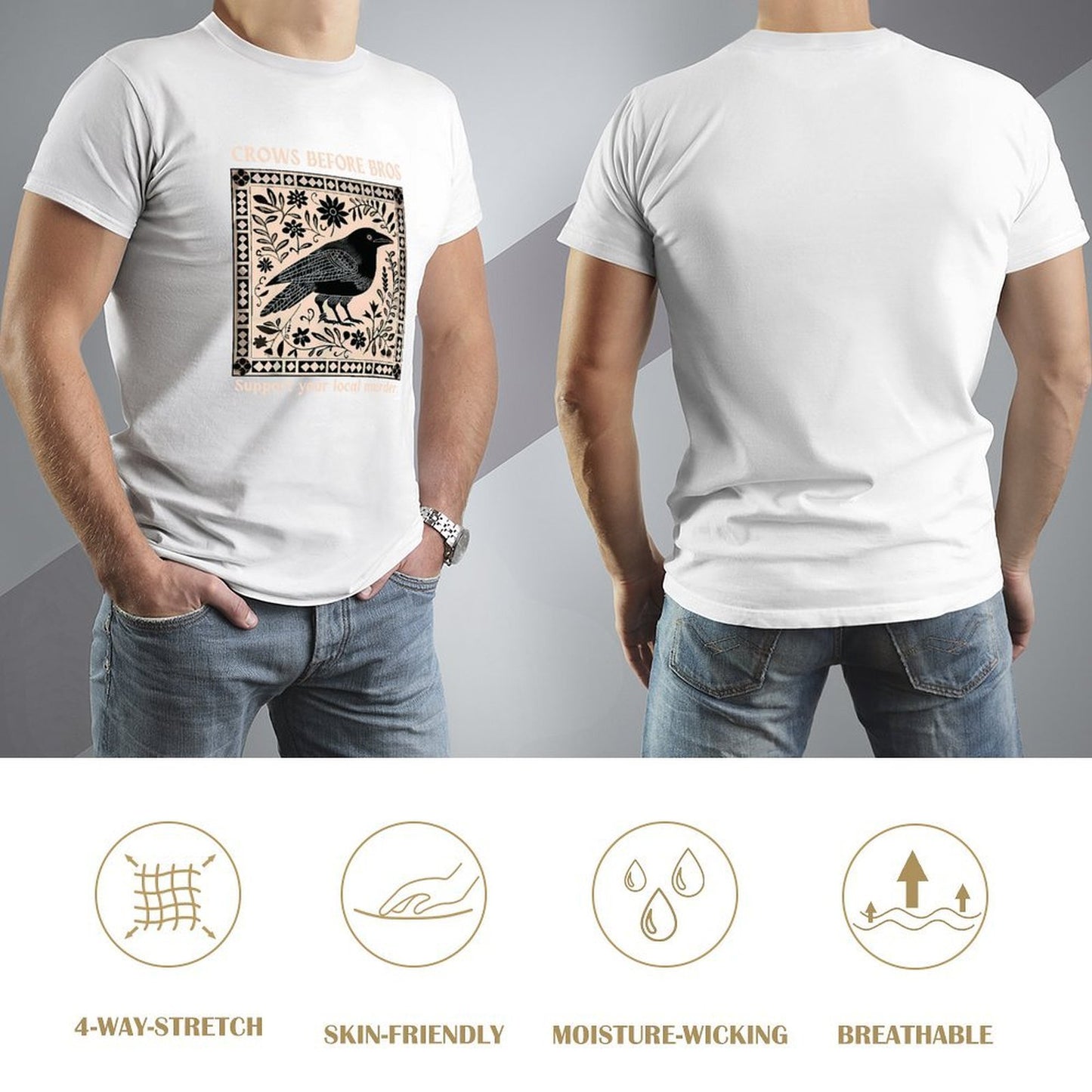 Inkmay Casual Cotton T-shirt Bird Floral Design On Beige Background Unisex T-shirtTrueFit Midweight T-Shirt