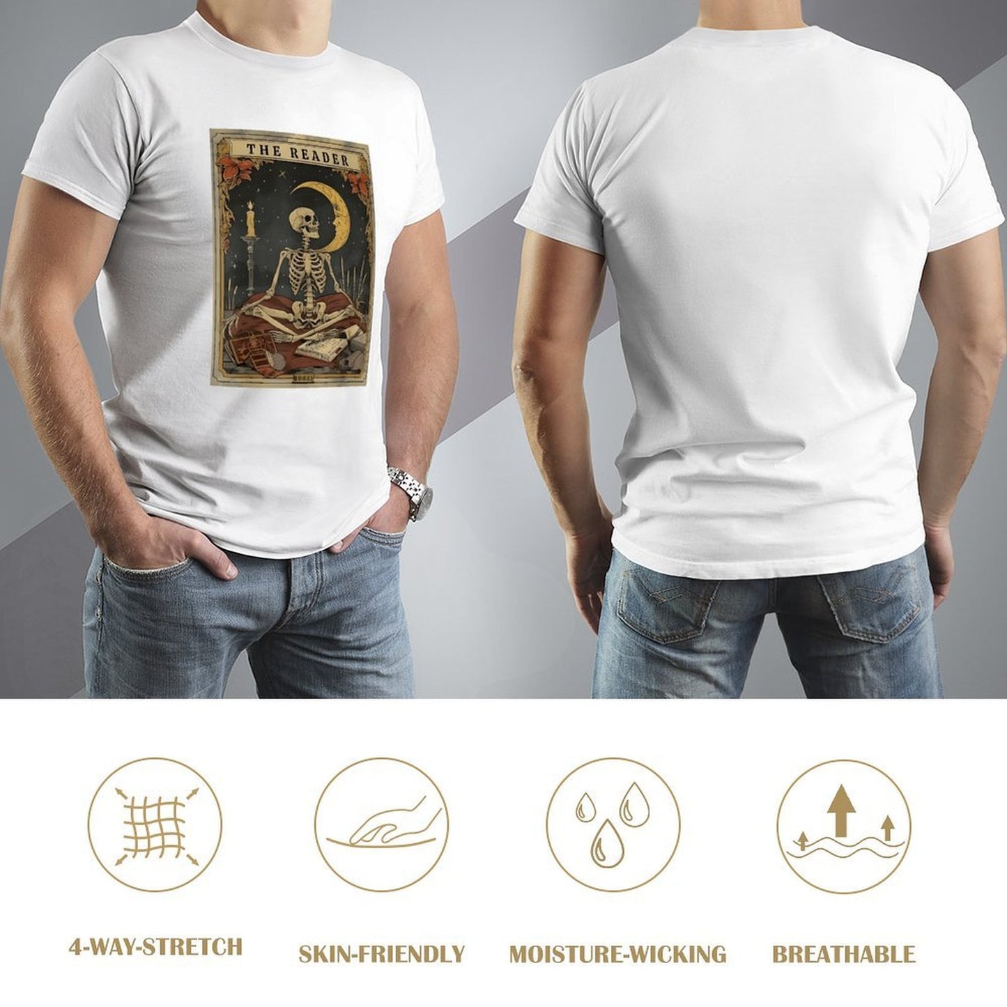 Inkmay Casual Cotton T-shirt The Reader Skeleton With Crescent Moon Unisex T-shirtSimpleFit RelaxFit T-Shirt
