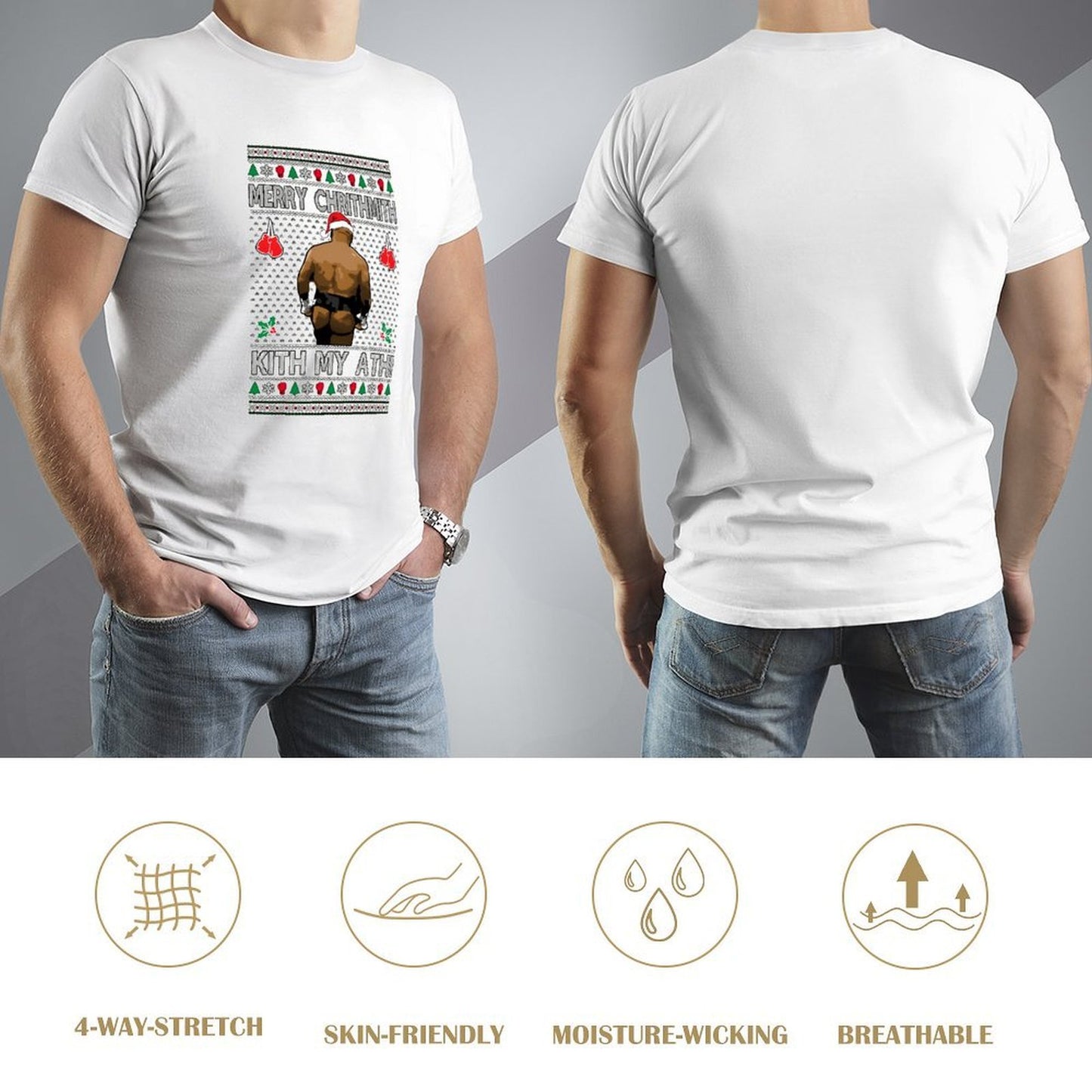 Inkmay Casual Cotton T-shirt Boxing Ugly Christmas With Santa Taint Unisex T-shirtSmoothWear Midweight T-Shirt