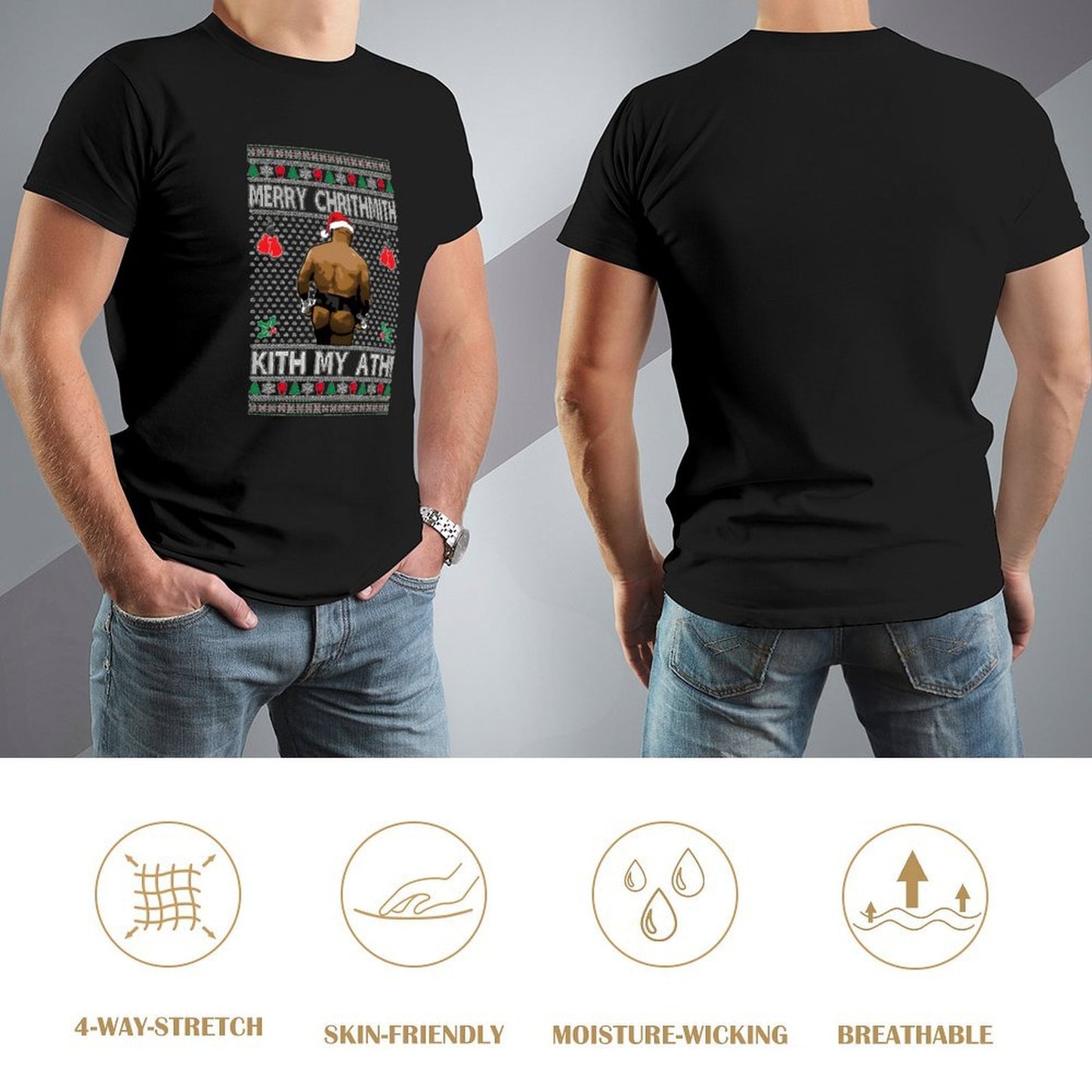 Inkmay Casual Cotton T-shirt Boxing Ugly Christmas With Santa Taint Unisex T-shirtSmoothWear Midweight T-Shirt