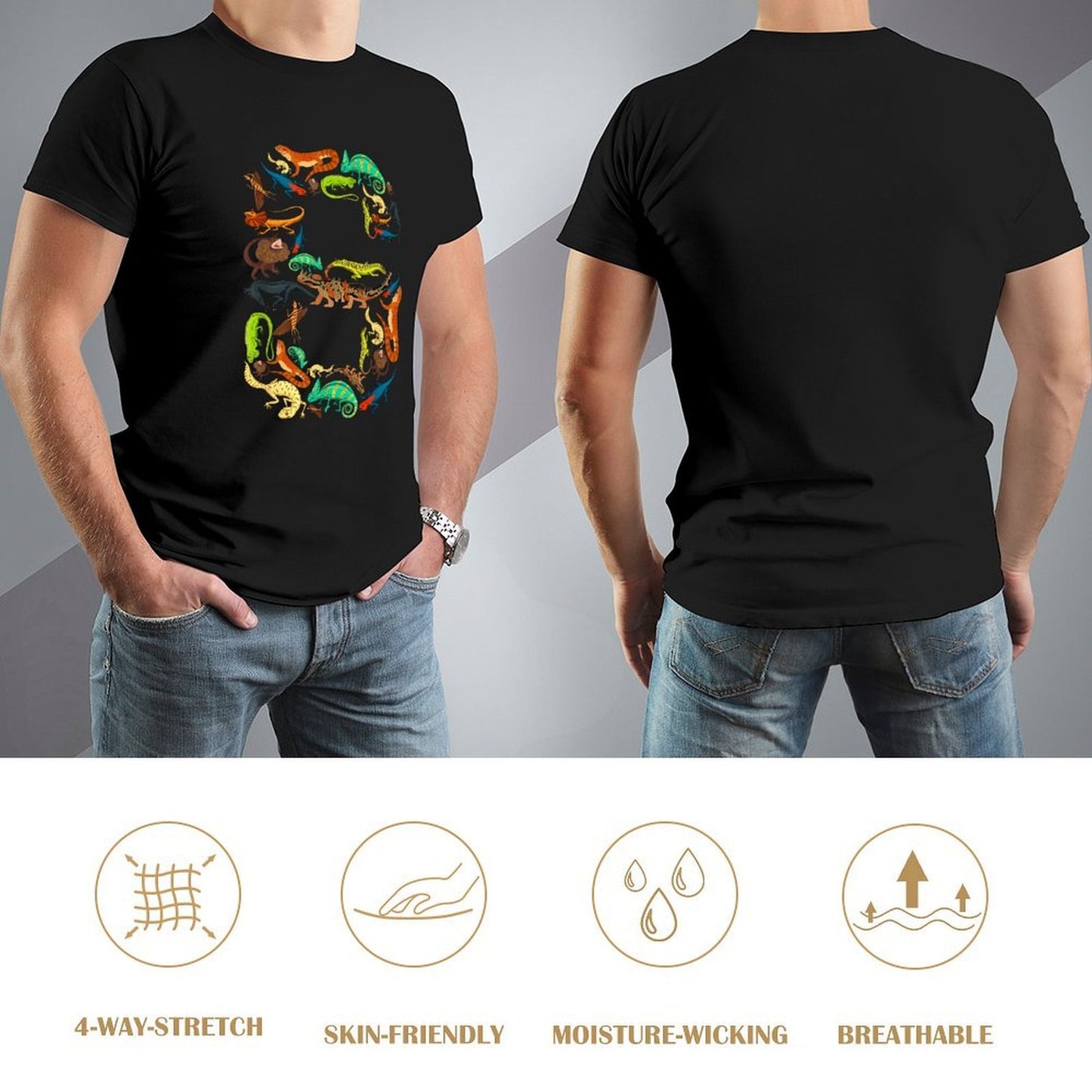 Inkmay Casual Cotton T-shirt Colorful Chameleons In Various Positions Unisex T-shirt