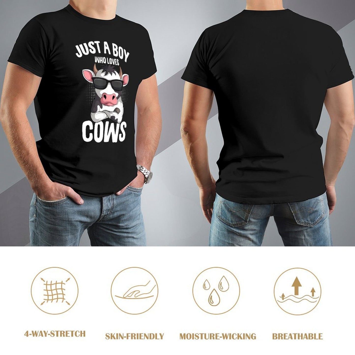 Inkmay Casual Cotton T-shirt Cool Cow Wearing Sunglasses Art Print Unisex T-shirtLooseFit YearRound T-Shirt
