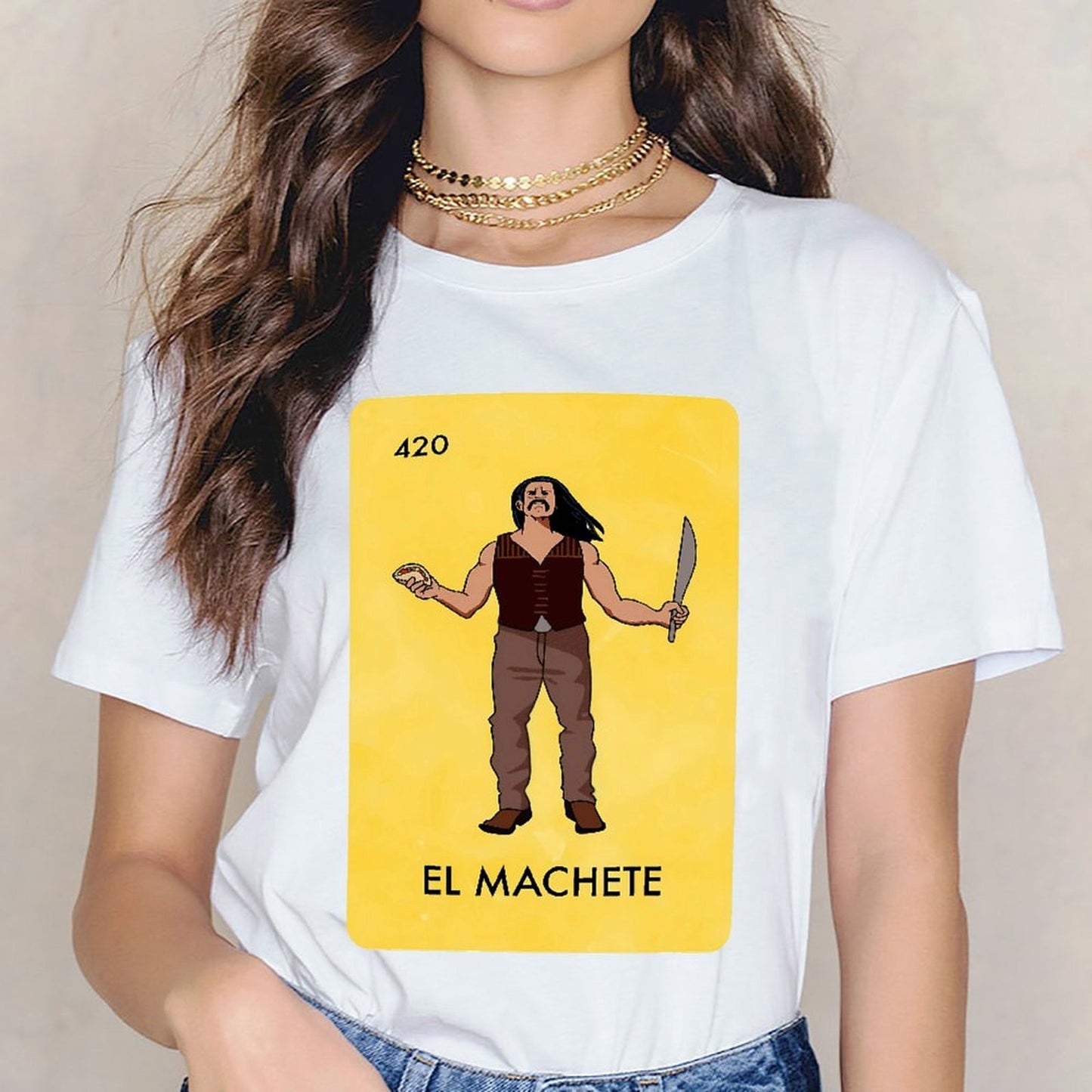 Inkmay Casual Cotton T-shirt Man Holding Machete In Yellow Background Unisex T-shirtUltra Durable Strong T-Shirt