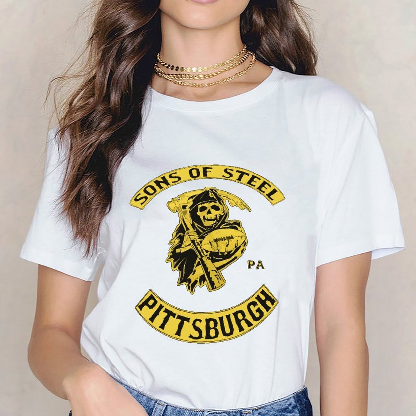 Inkmay Casual Cotton T-shirt Pittsburgh Sons Of Steel Football Design Unisex T-shirtClean Edges SoftFeel T-Shirt