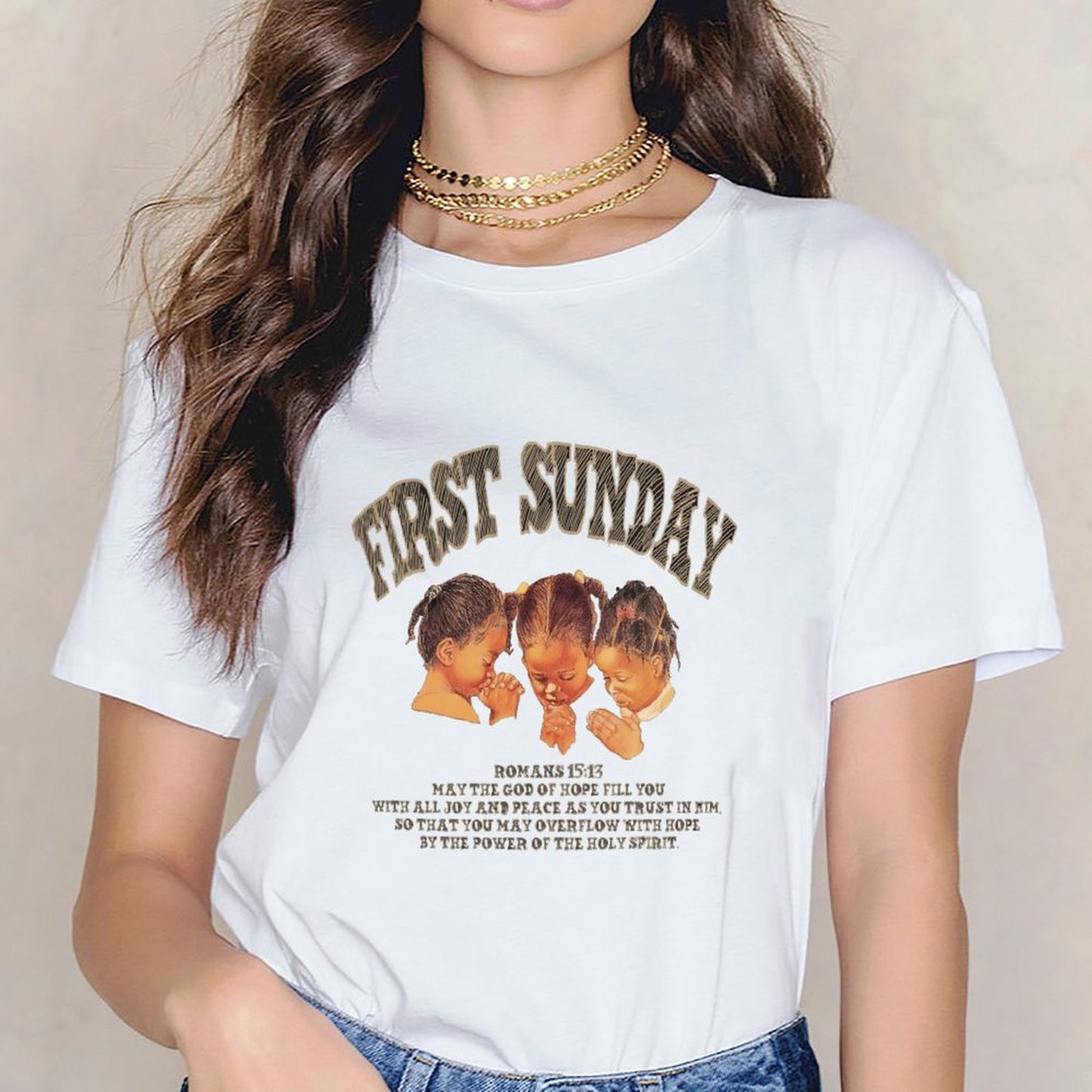 Inkmay Casual Cotton T-shirt First Sunday Children Praying Together Joyfully Unisex T-shirtCityStyle Moisture-Wicking T-Shirt