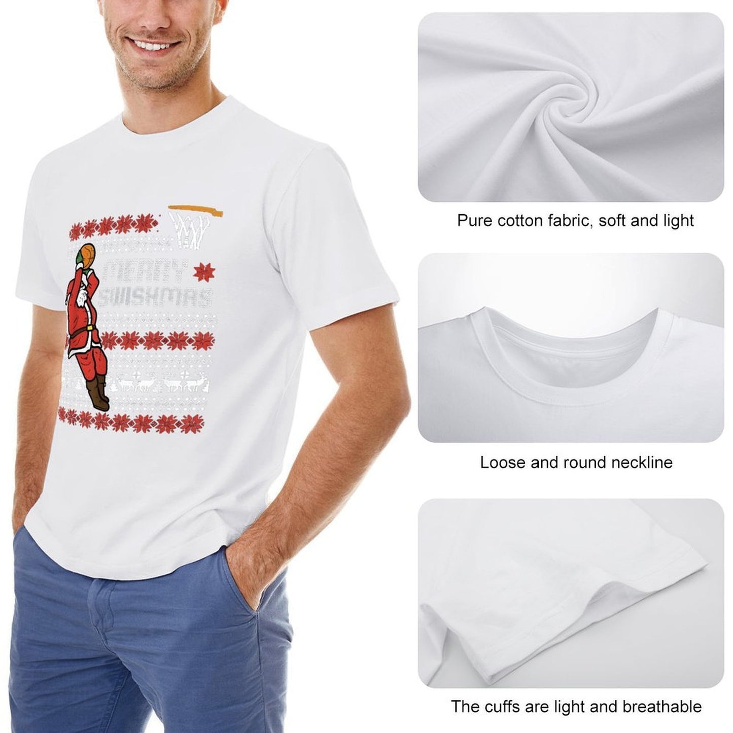 Inkmay Casual Cotton T-shirt Merry Swishmas Santa Plays Basketball Pattern Unisex T-shirtClassic EverydaySeries T-Shirt