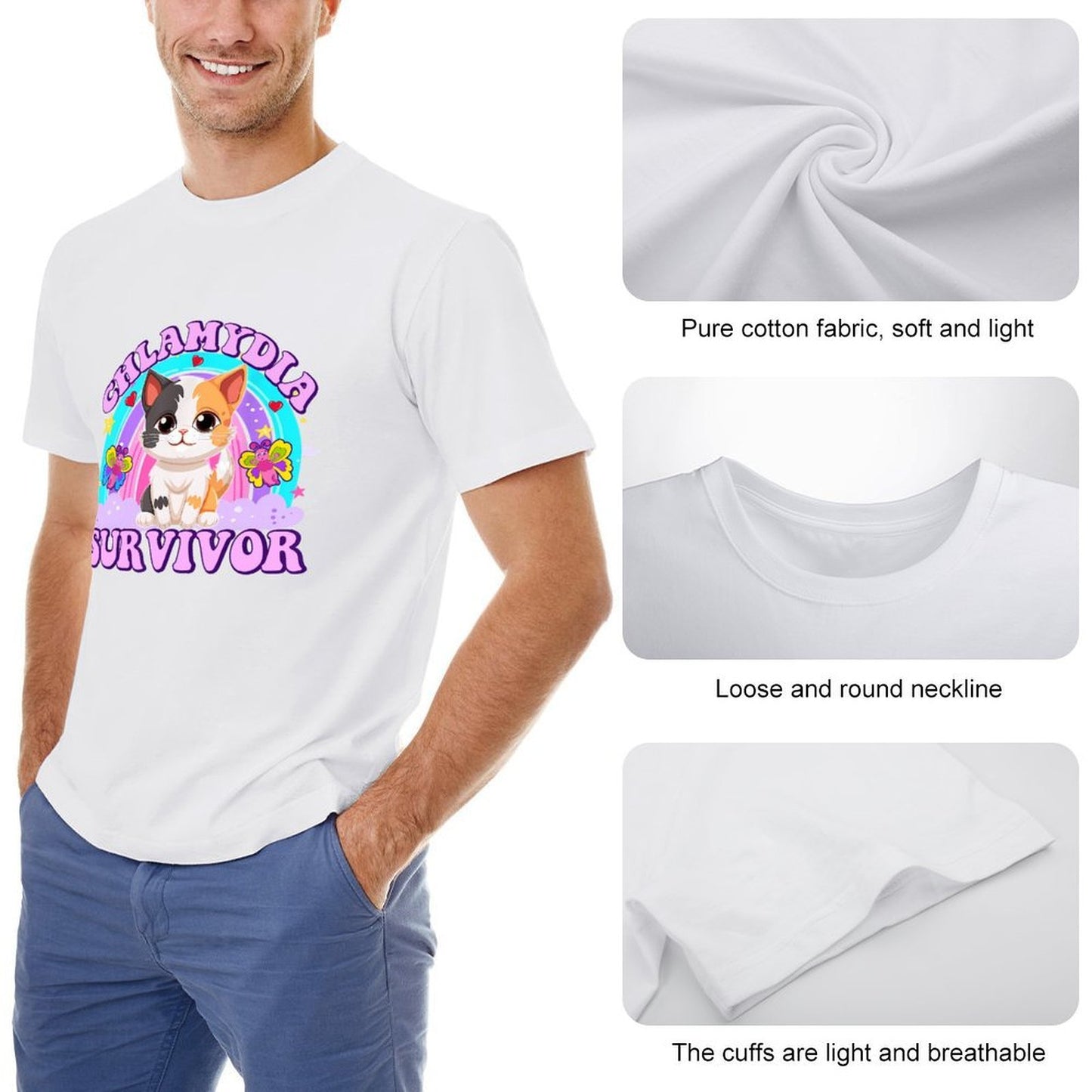 Inkmay Casual Cotton T-shirt Chlamydia Survivor Cat With Butterflies Design Unisex T-shirtEdition Refined T-Shirt