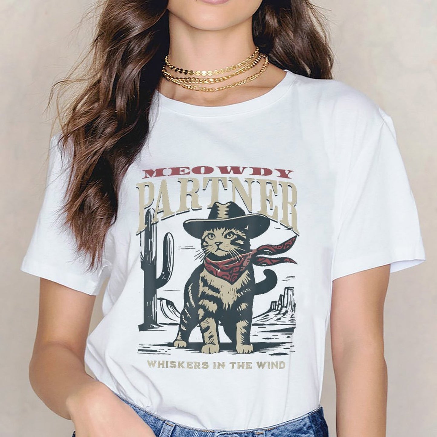 Inkmay Casual Cotton T-shirt Cat Wearing Cowboy Hat And Bandana Unisex T-shirtActive TimelessComfort T-Shirt