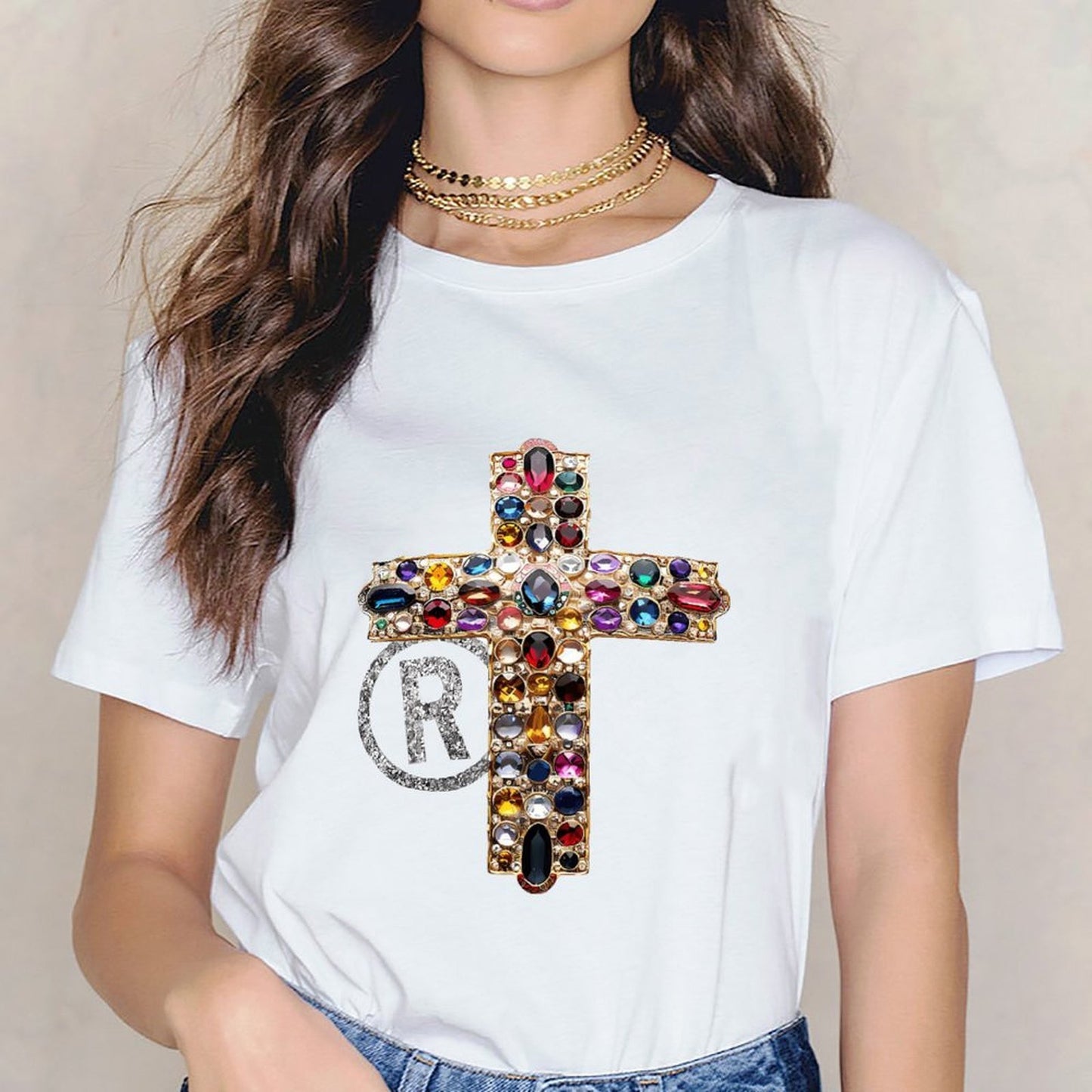 Inkmay Casual Cotton T-shirt Elegant Cross With Gemstones And Rhinestones Unisex T-shirtEco / Sustainable EverydayWear T-Shirt