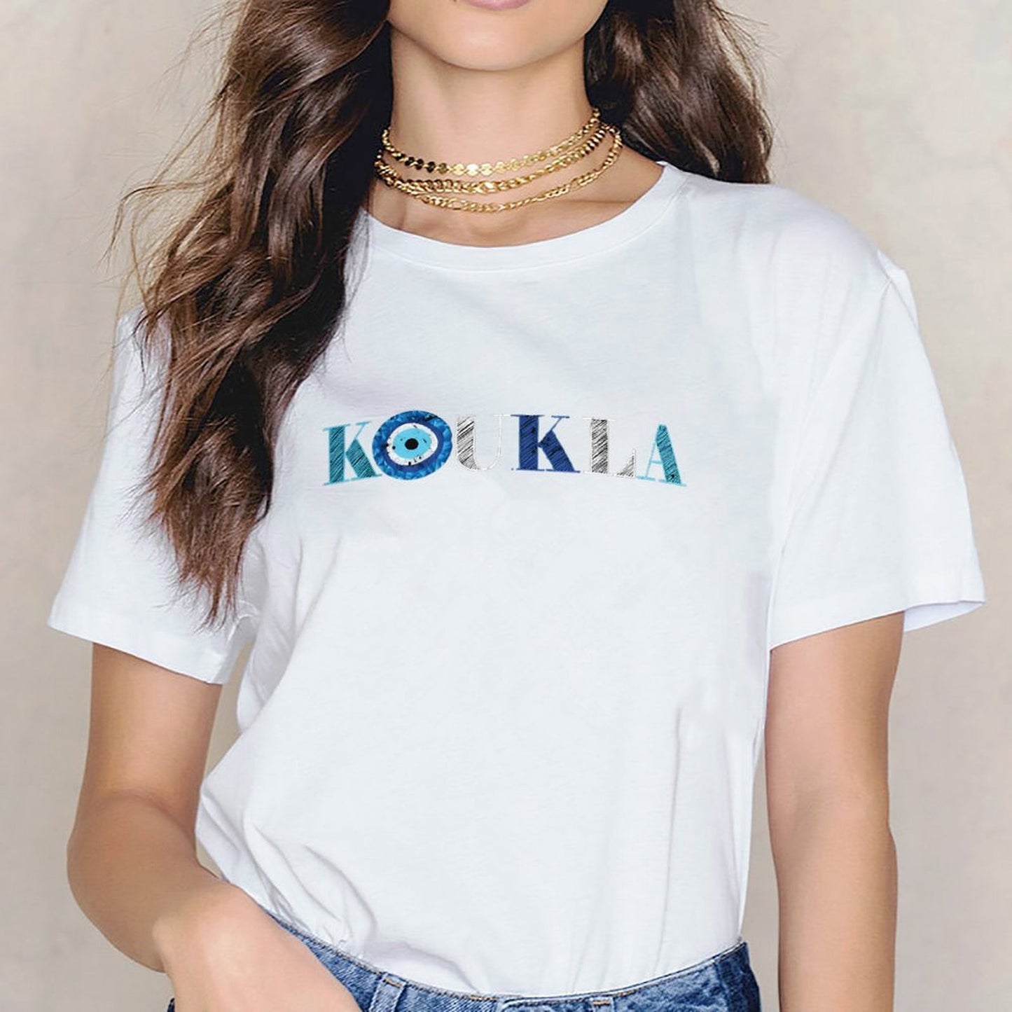 Inkmay Casual Cotton T-shirt Koukla Pattern Prints With Blue Accents Unisex T-shirtCleanCut Signature T-Shirt
