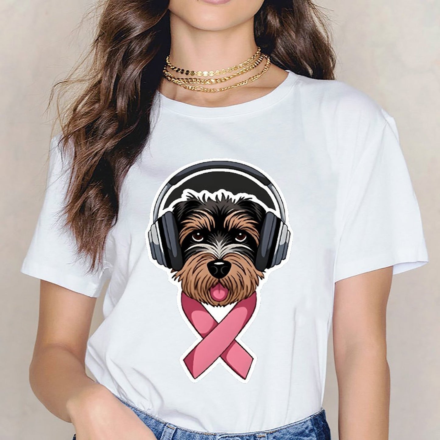 Inkmay Casual Cotton T-shirt Dog Wearing Headphones Pink Ribbon Support Unisex T-shirtClean Chill T-Shirt