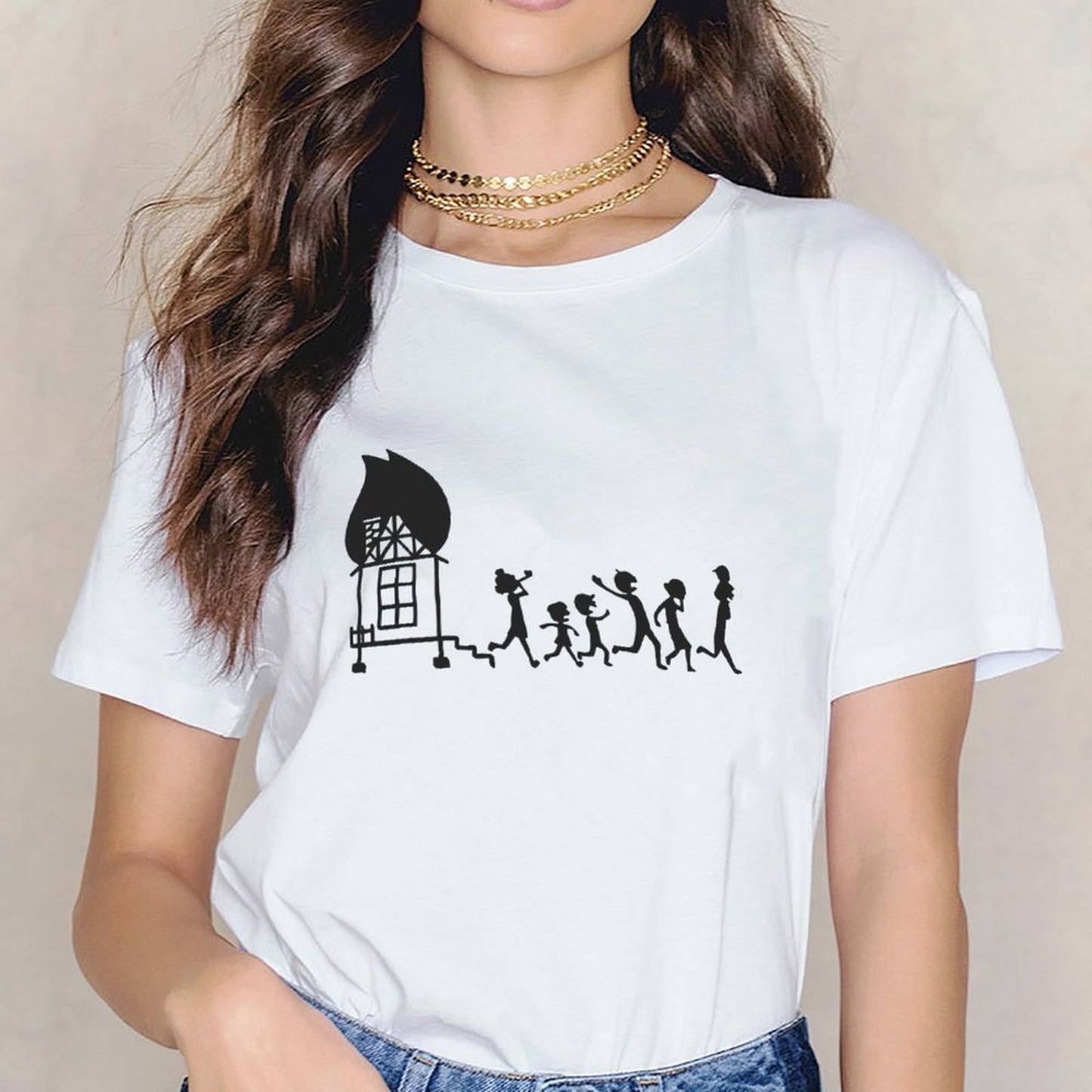 Inkmay Casual Cotton T-shirt Fire House Silhouette Running People Pattern Unisex T-shirtPocket Tee EasyWear T-Shirt