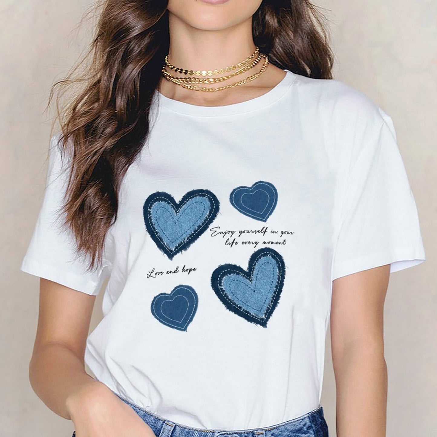 Inkmay Casual Cotton T-shirt Heart Shapes In Denim Style Prints Unisex T-shirtSmoothWear Classic T-Shirt