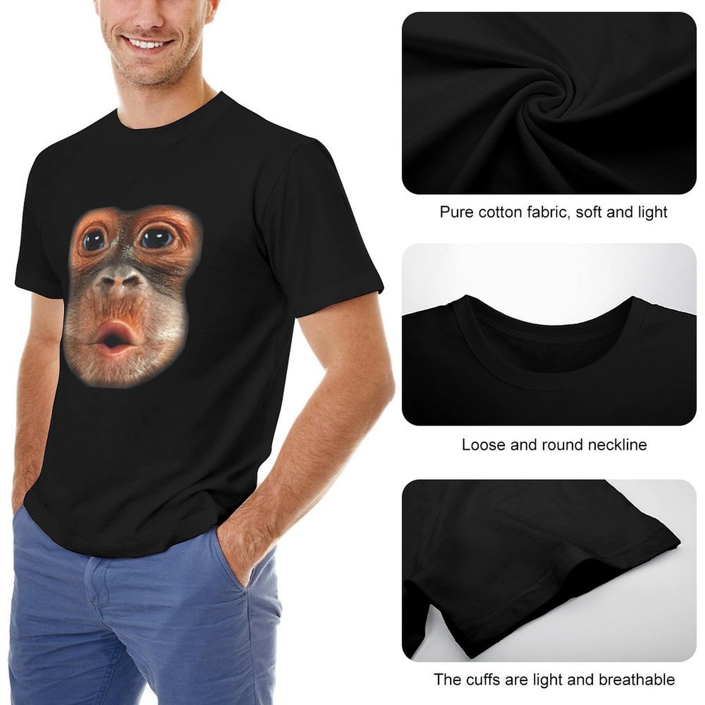 Inkmay Casual Cotton T-shirt Monkey Face With Open Mouth Unisex T-shirtVibrant Colors StreetStyle T-Shirt