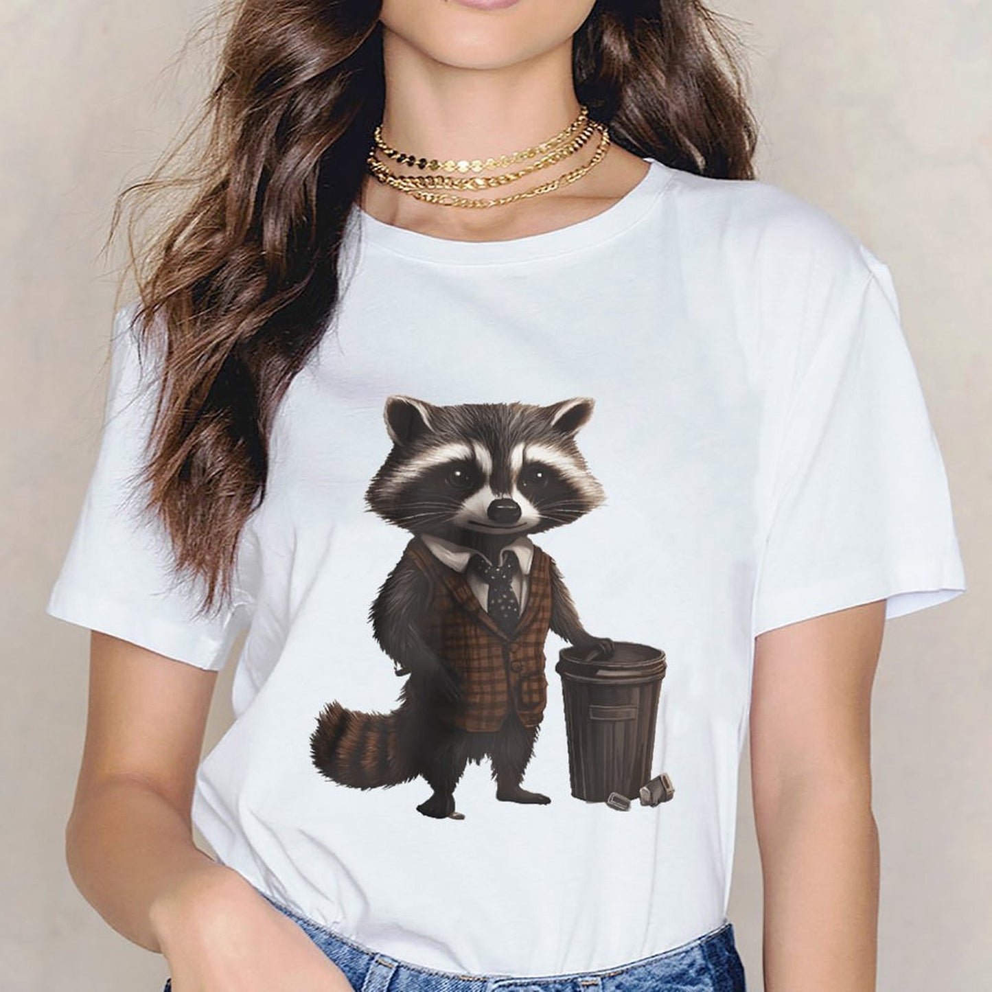 Inkmay Casual Cotton T-shirt Stylish Raccoon Wears Vest And Tie Unisex T-shirtMinimal Men¡¯s / Women¡¯s / Youth T-Shirt