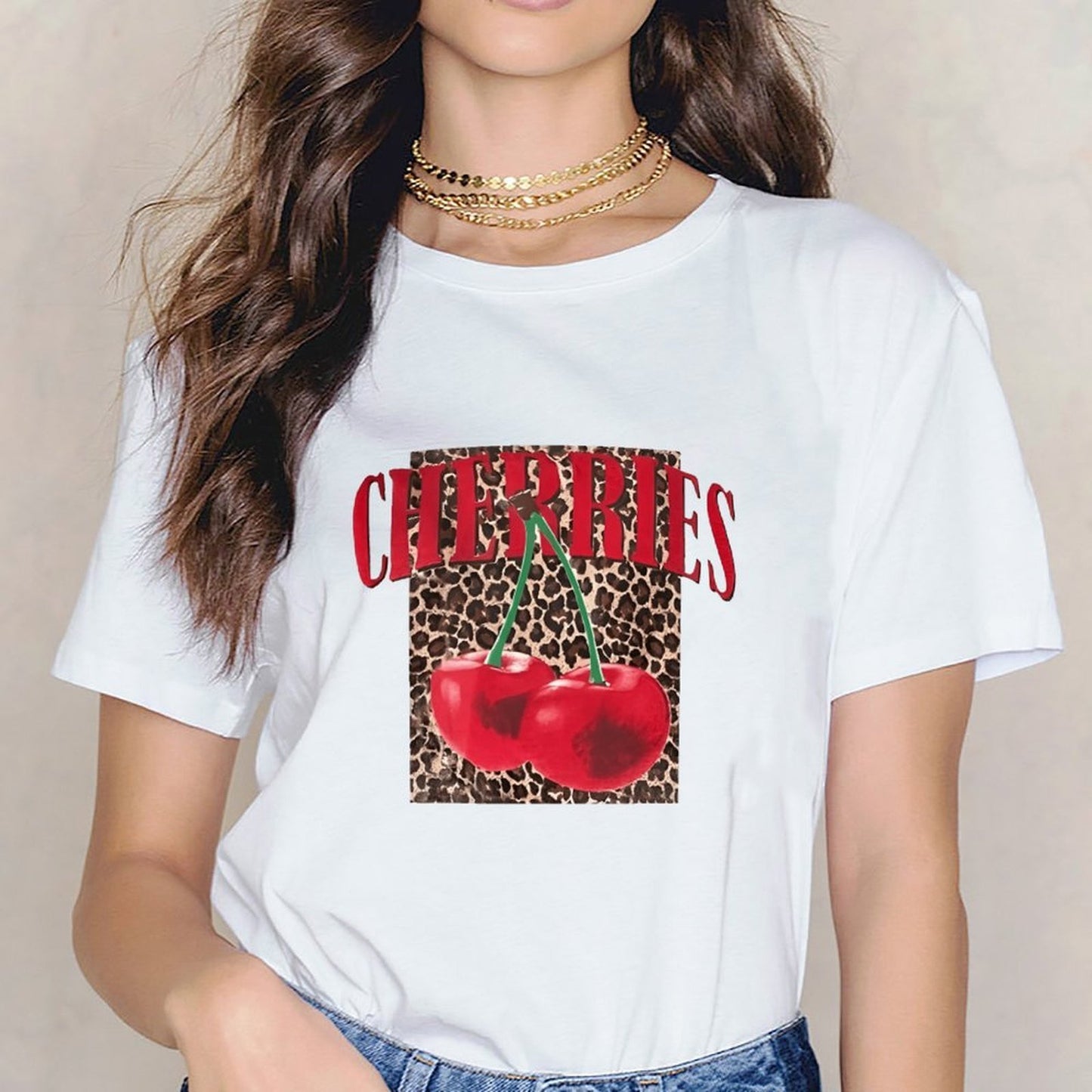 Inkmay Casual Cotton T-shirt Cherries On Leopard Print Background Art Unisex T-shirtClassicSeries CityStyle T-Shirt