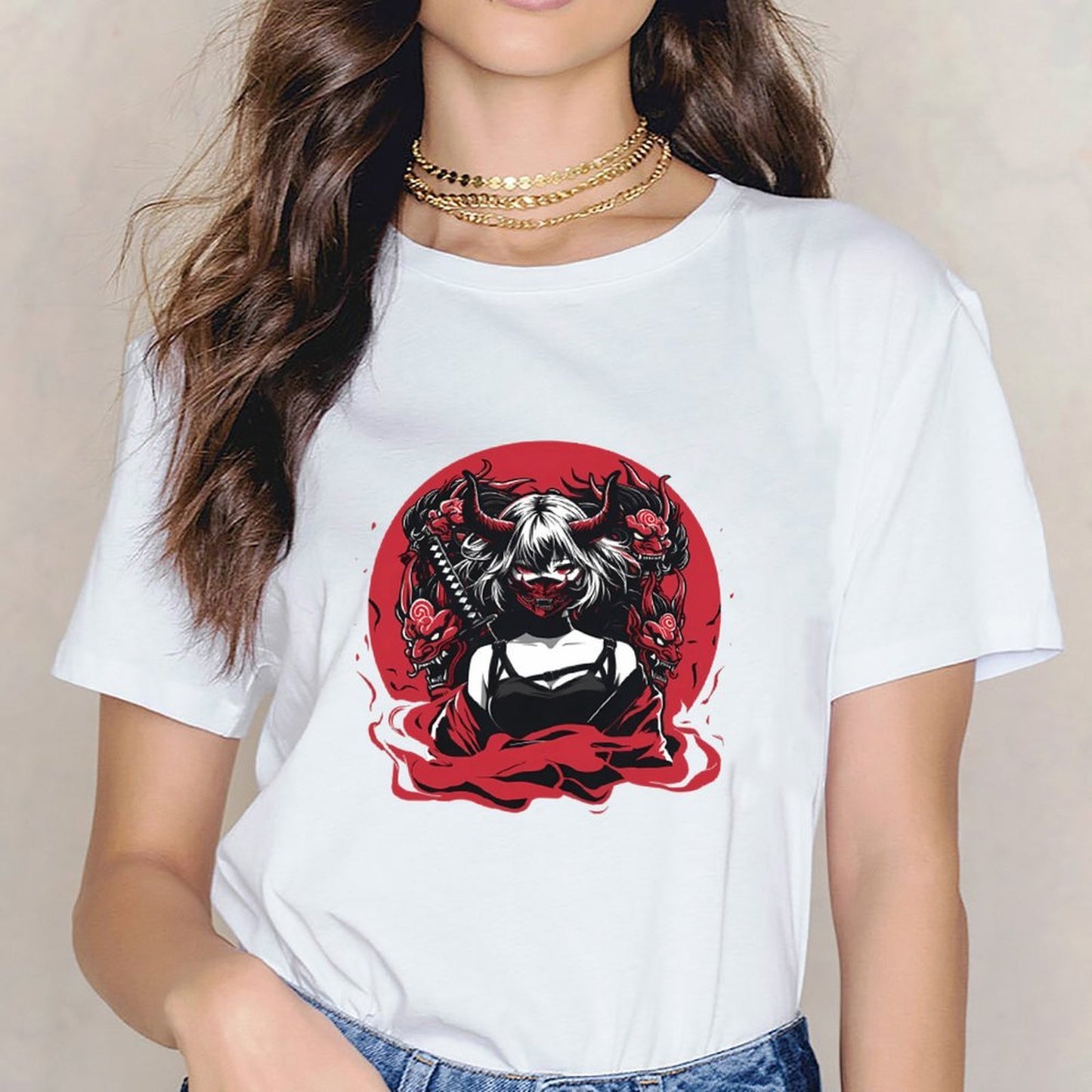Inkmay Casual Cotton T-shirt Demon Woman With Red Dragons Unisex T-shirtSmooth Classic T-Shirt