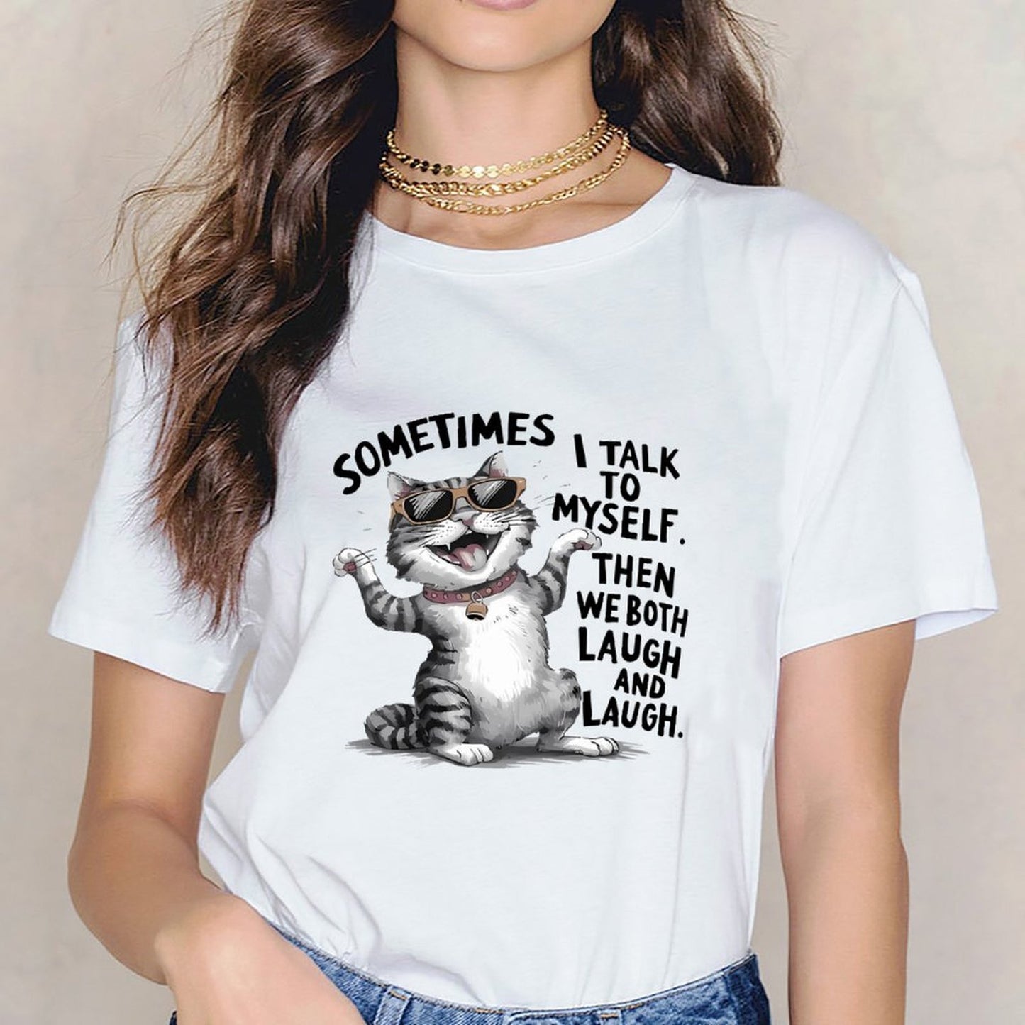 Inkmay Casual Cotton T-shirt Cool Cat Wearing Sunglasses And Collar Unisex T-shirtPure Midweight T-Shirt