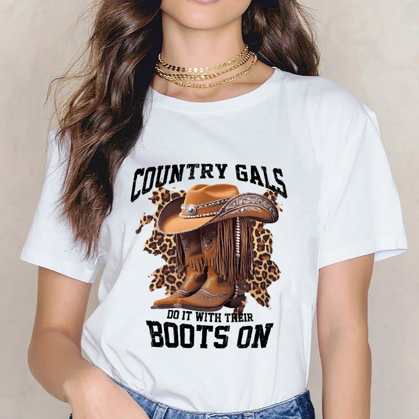 Inkmay Casual Cotton T-shirt Country Gals Leopard Print Boots On Unisex T-shirtStrong Edition T-Shirt