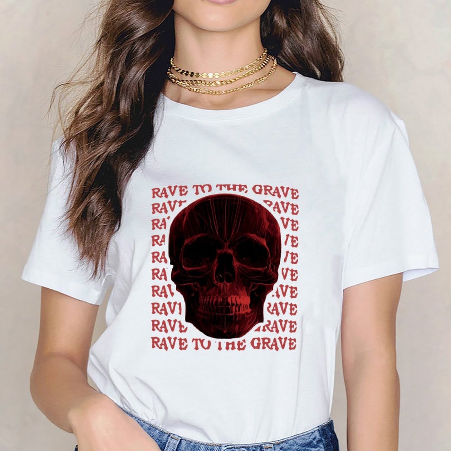 Inkmay Casual Cotton T-shirt Red Skull Pattern Print Art Design Unisex T-shirtSeries ComfortSeries T-Shirt