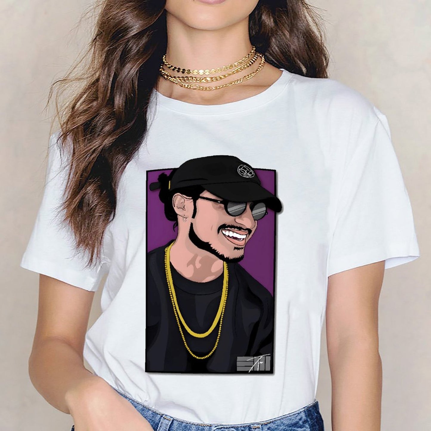 Inkmay Casual Cotton T-shirt Man Wearing Black Hat And Sunglasses Unisex T-shirtPrinting ComfortSeries T-Shirt