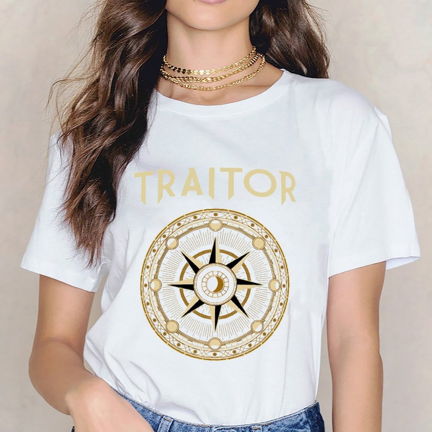 Inkmay Casual Cotton T-shirt Circular Compass Design With Gold Accents Unisex T-shirtLightweight Urban T-Shirt