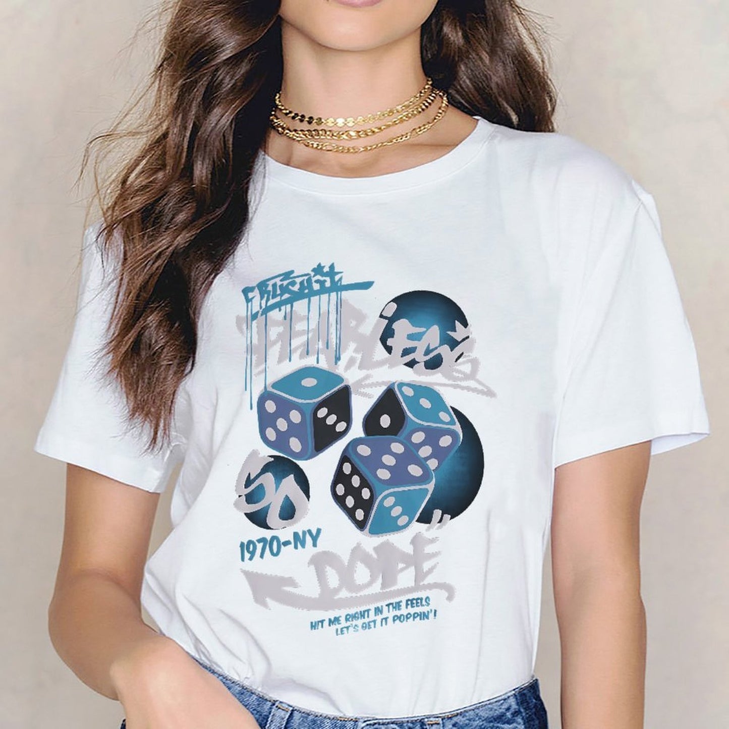 Inkmay Casual Cotton T-shirt Fearless Dice Pattern With Graffiti Art Unisex T-shirt