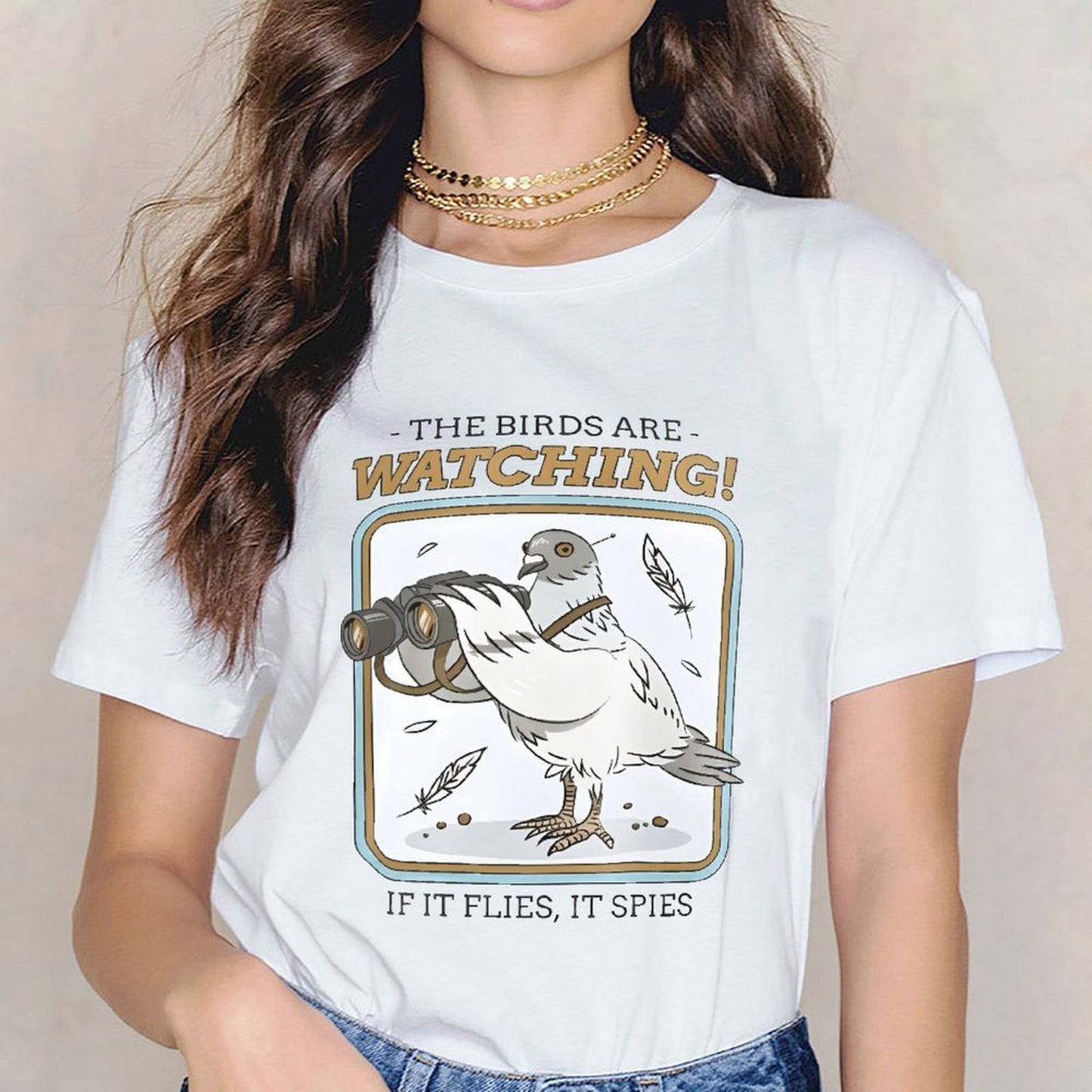 Inkmay Casual Cotton T-shirt Pigeon With Binoculars And Catchphrase Print Unisex T-shirtTrueComfort Shrink-Resistant T-Shirt
