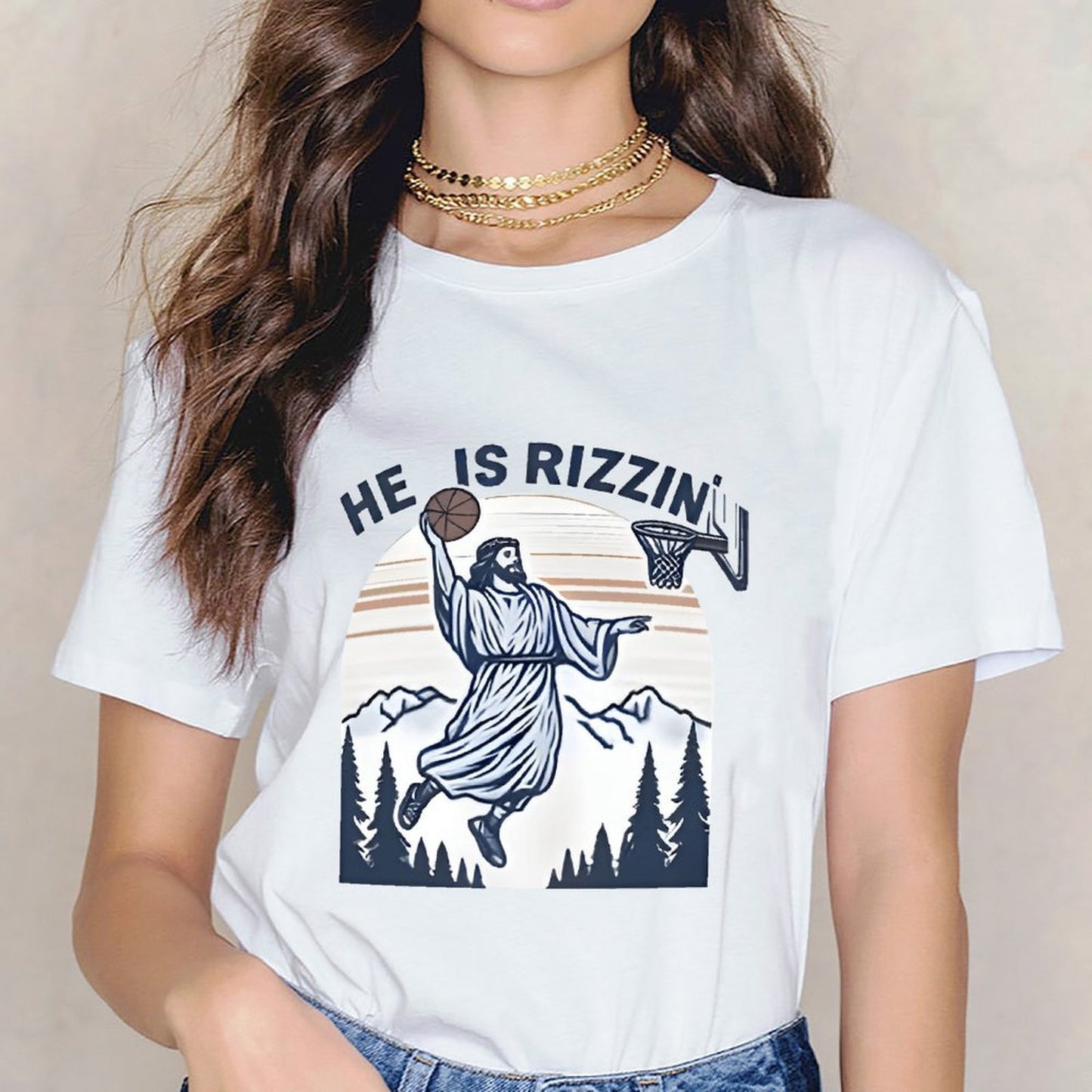 Inkmay Casual Cotton T-shirt Jesus Playing Basketball In Mountain Scene Unisex T-shirtColorfast Neat T-Shirt