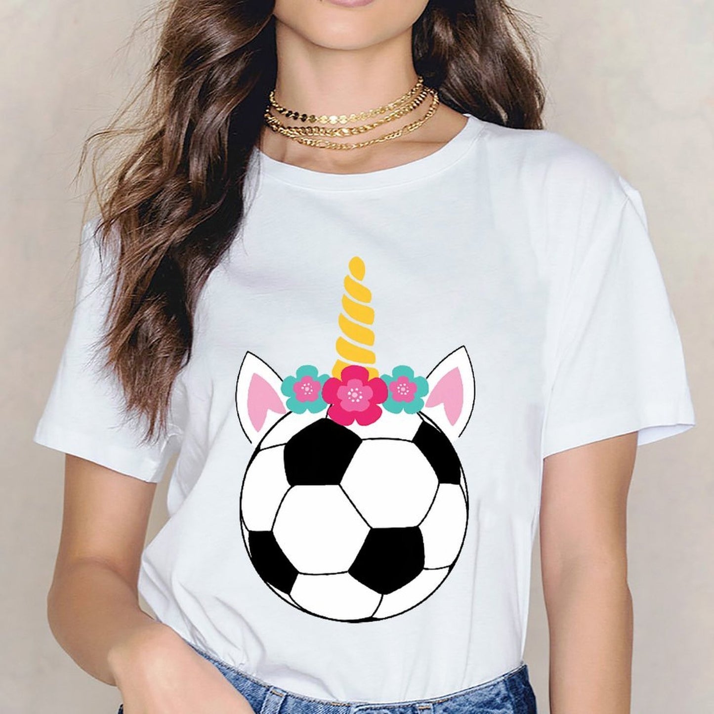 Inkmay Casual Cotton T-shirt Soccer Ball With Unicorn Horn Flowers Unisex T-shirtDaily LooseFit T-Shirt