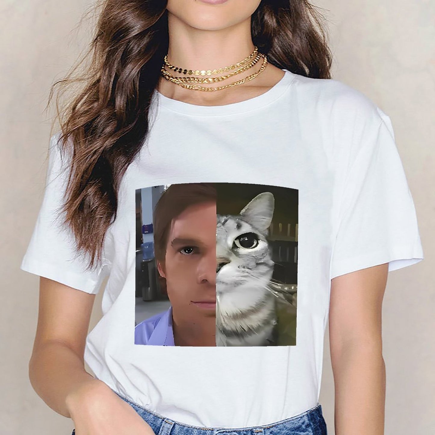 Inkmay Casual Cotton T-shirt Half Human Half Cat Face Split Unisex T-shirtAllDay Midweight T-Shirt