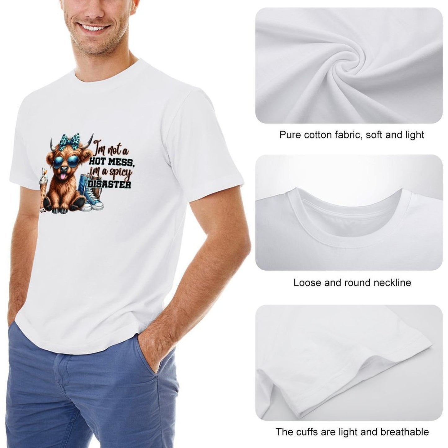 Inkmay Casual Cotton T-shirt Cartoon Cow With Sunglasses And Sneakers Unisex T-shirtSoftWear ActiveWear T-Shirt
