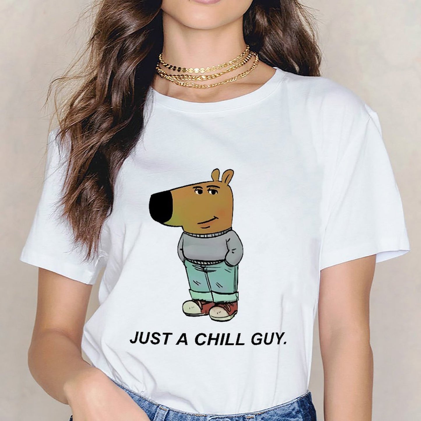 Inkmay Casual Cotton T-shirt Cartoon Character Wearing Casual Outfit Design Unisex T-shirtBreathable Vintage T-Shirt