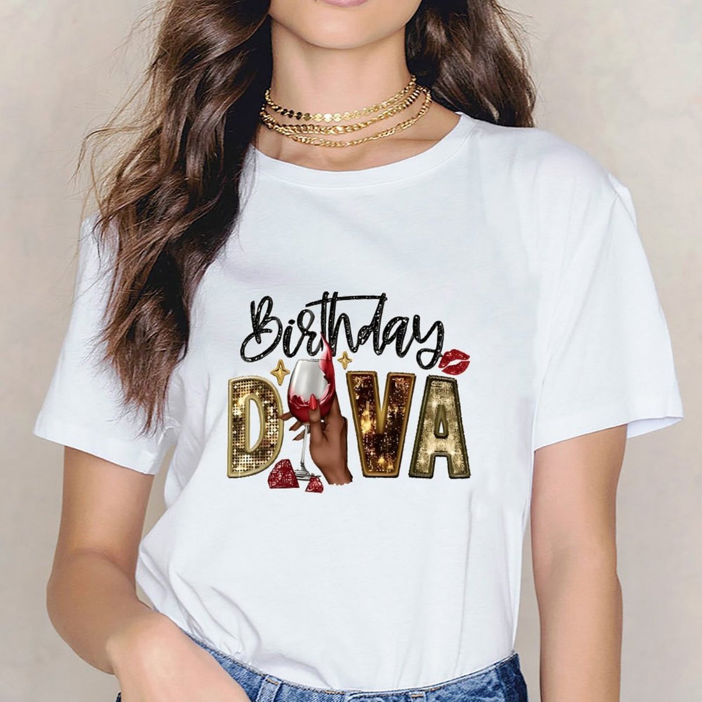 Inkmay Casual Cotton T-shirt Birthday Diva Sparkling Gold And Red Unisex T-shirtPremium Finish Modern T-Shirt