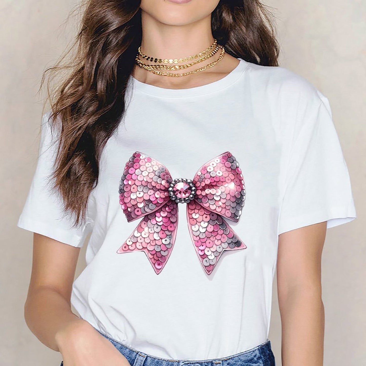 Inkmay Casual Cotton T-shirt Shiny Pink Sequin Bow Design Unisex T-shirtLogo-Ready LooseFit T-Shirt