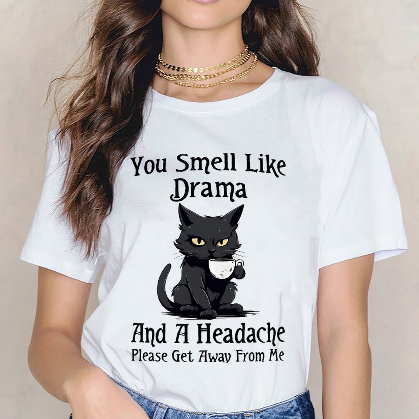 Inkmay Casual Cotton T-shirt Black Cat Holding White Teacup Unisex T-shirtAllDay Sharp T-Shirt