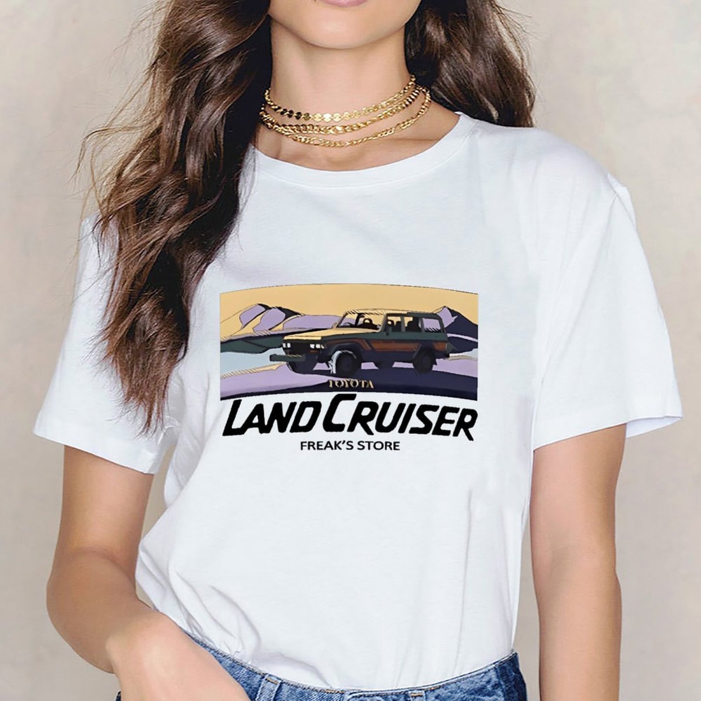 Inkmay Casual Cotton T-shirt Toyota Car In Desert Landscape Art Unisex T-shirtCoreLine Batch-Printed T-Shirt
