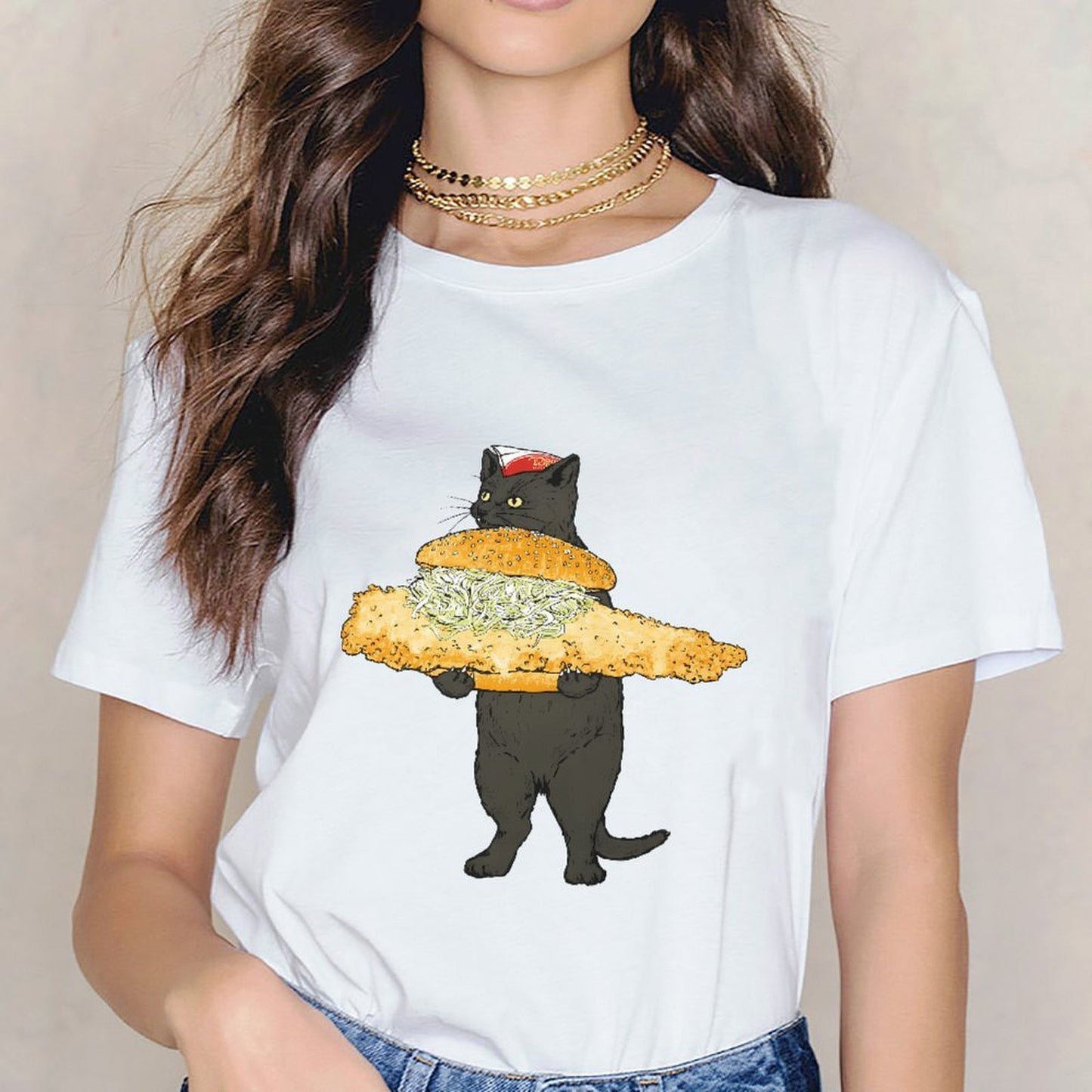 Inkmay Casual Cotton T-shirt Cat Holding Giant Sandwich With Toppings Unisex T-shirtAllSeason StreetLine T-Shirt
