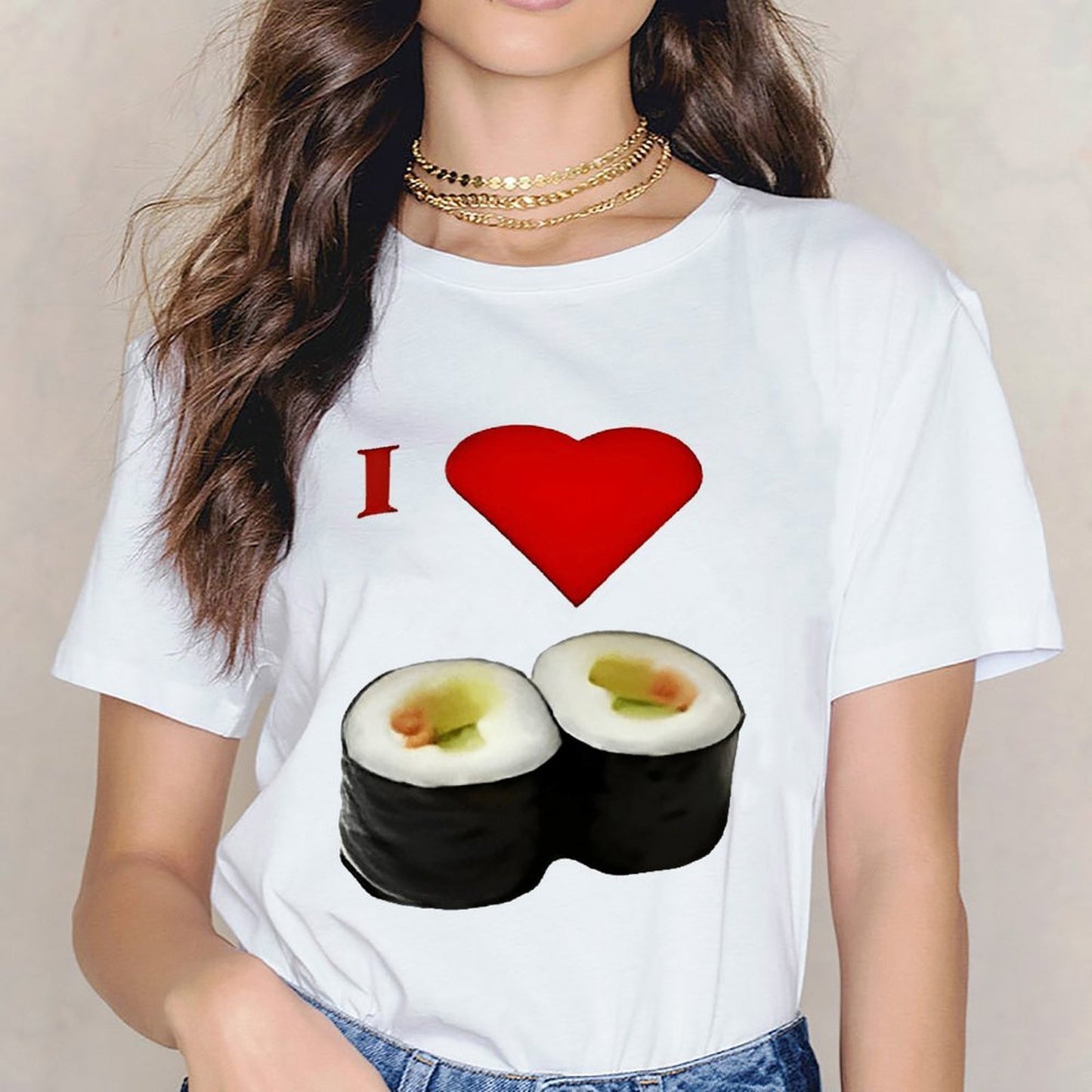 Inkmay Casual Cotton T-shirt Sushi Rolls With Heart Above Unisex T-shirt