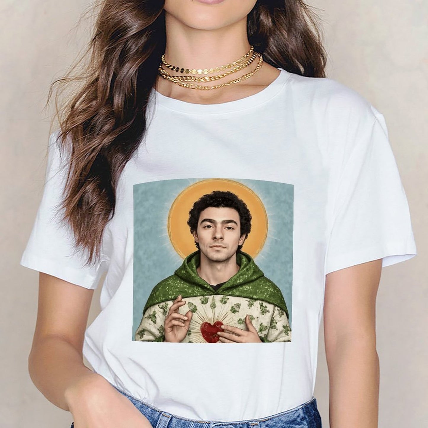 Inkmay Casual Cotton T-shirt Green Robe With Floral Prints Unisex T-shirtSoftTouch Cotton T-Shirt