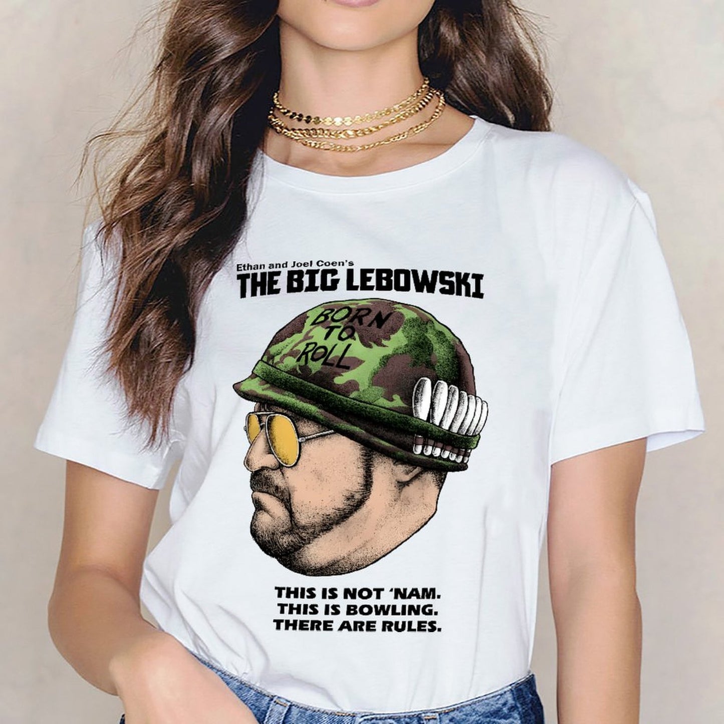 Inkmay Casual Cotton T-shirt Camouflage Pattern With Born To Roll Unisex T-shirtRetro Fitted T-Shirt