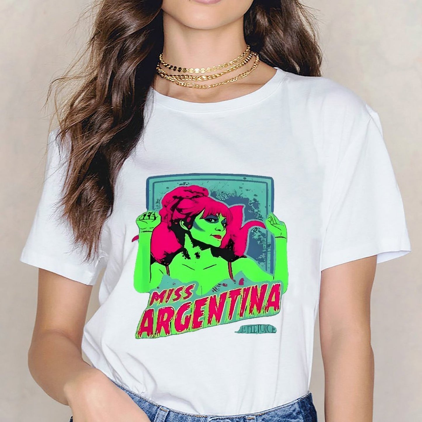 Inkmay Casual Cotton T-shirt Miss Argentina Bright Green Pink Art Unisex T-shirtEssentialFit Printing T-Shirt